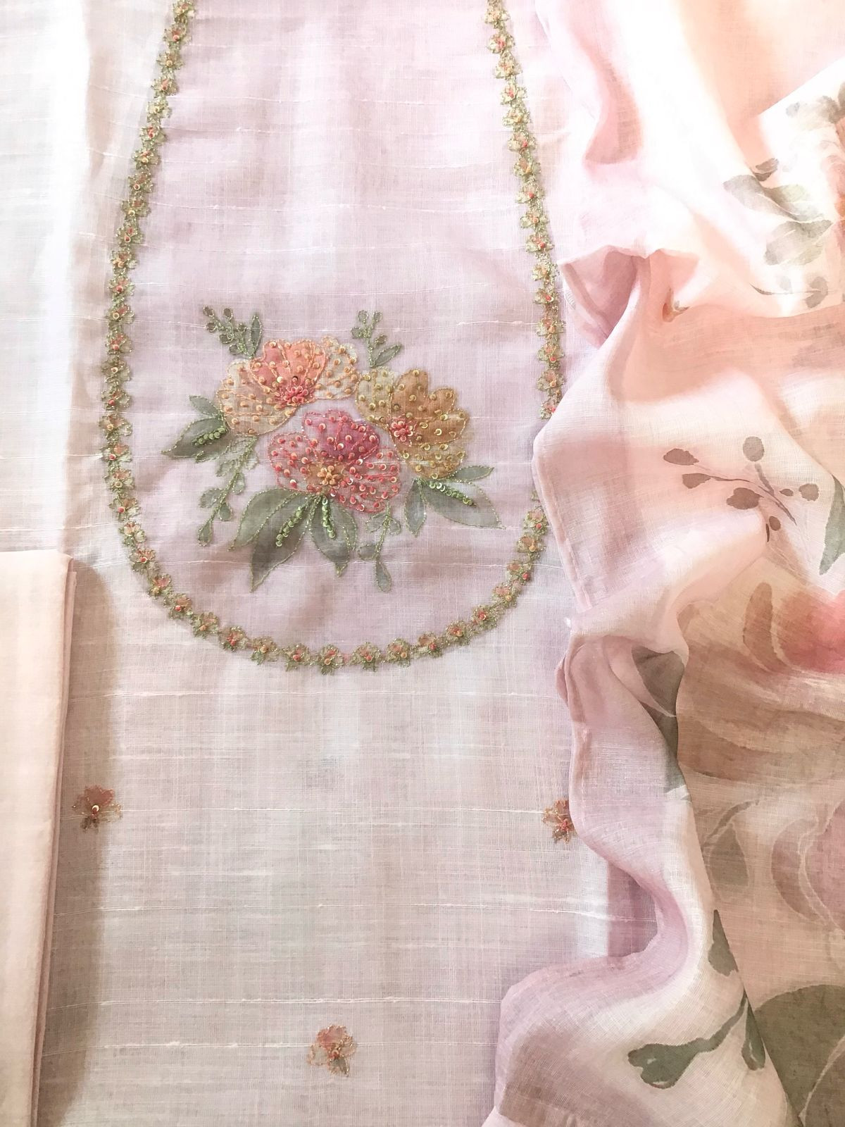 Soft Linen Jute Cotton Printed Embroidered Suit - Pink