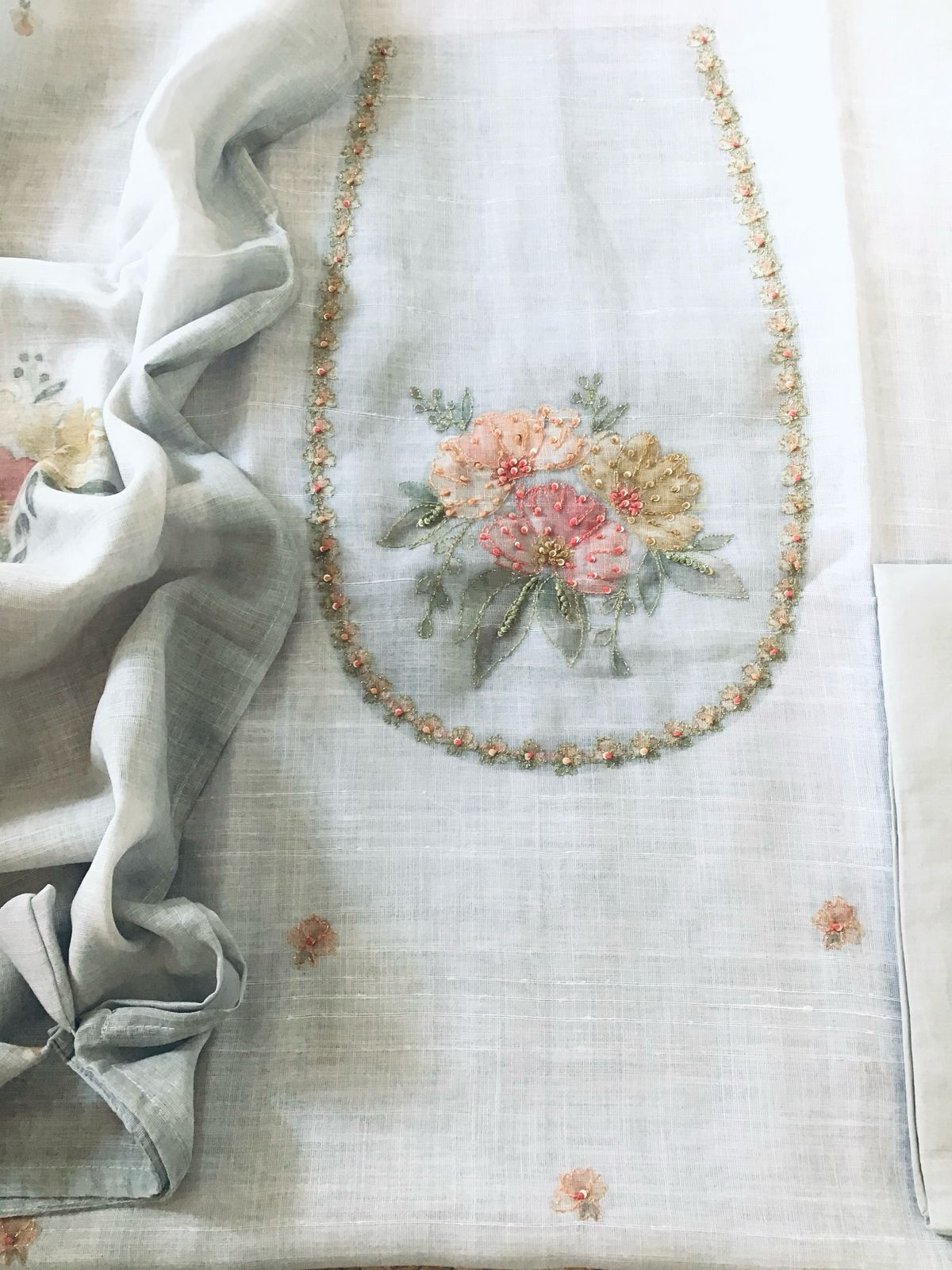 Soft Linen Jute Cotton Printed Embroidered Suit - Grey