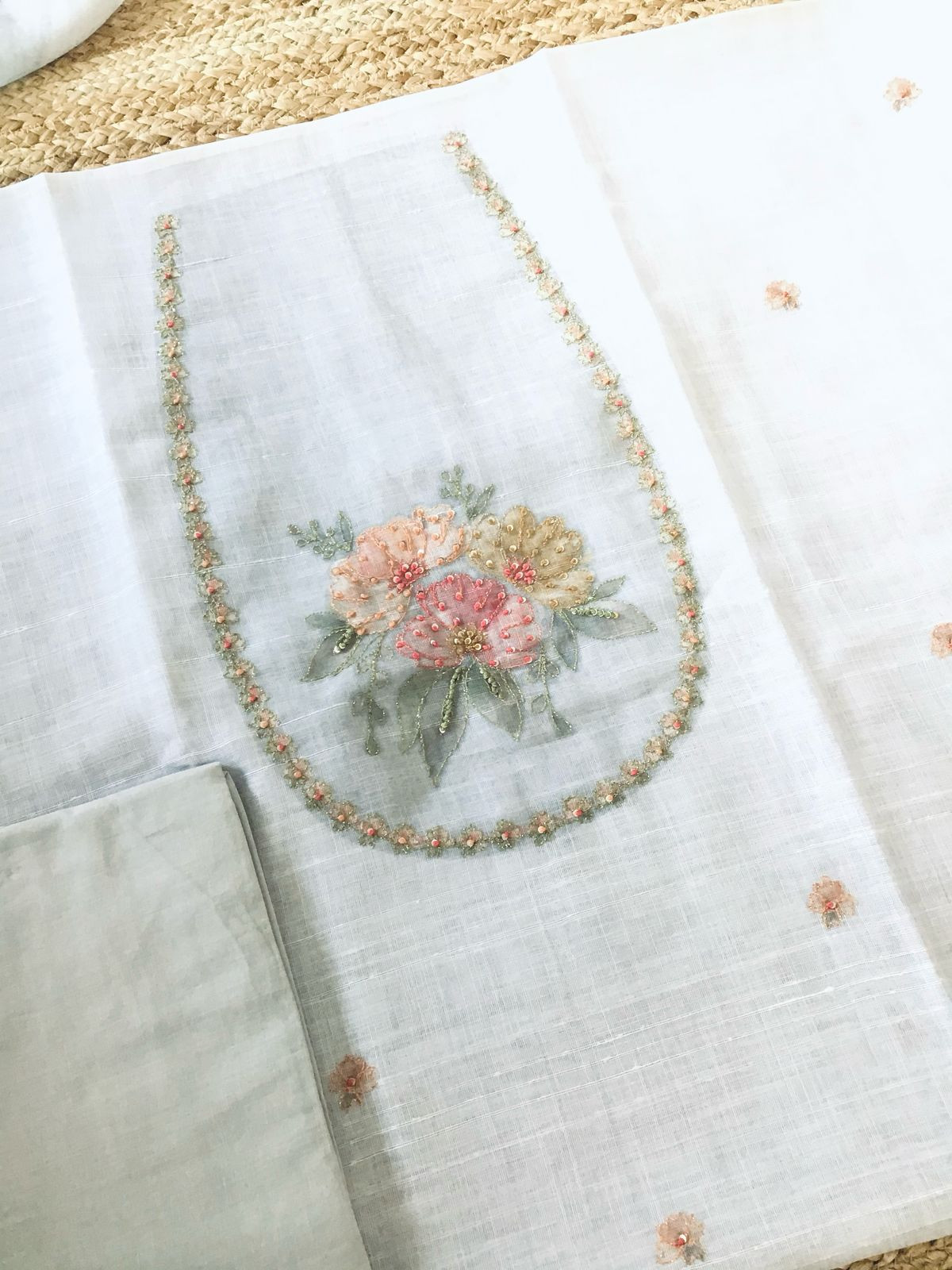 Soft Linen Jute Cotton Printed Embroidered Suit - Grey