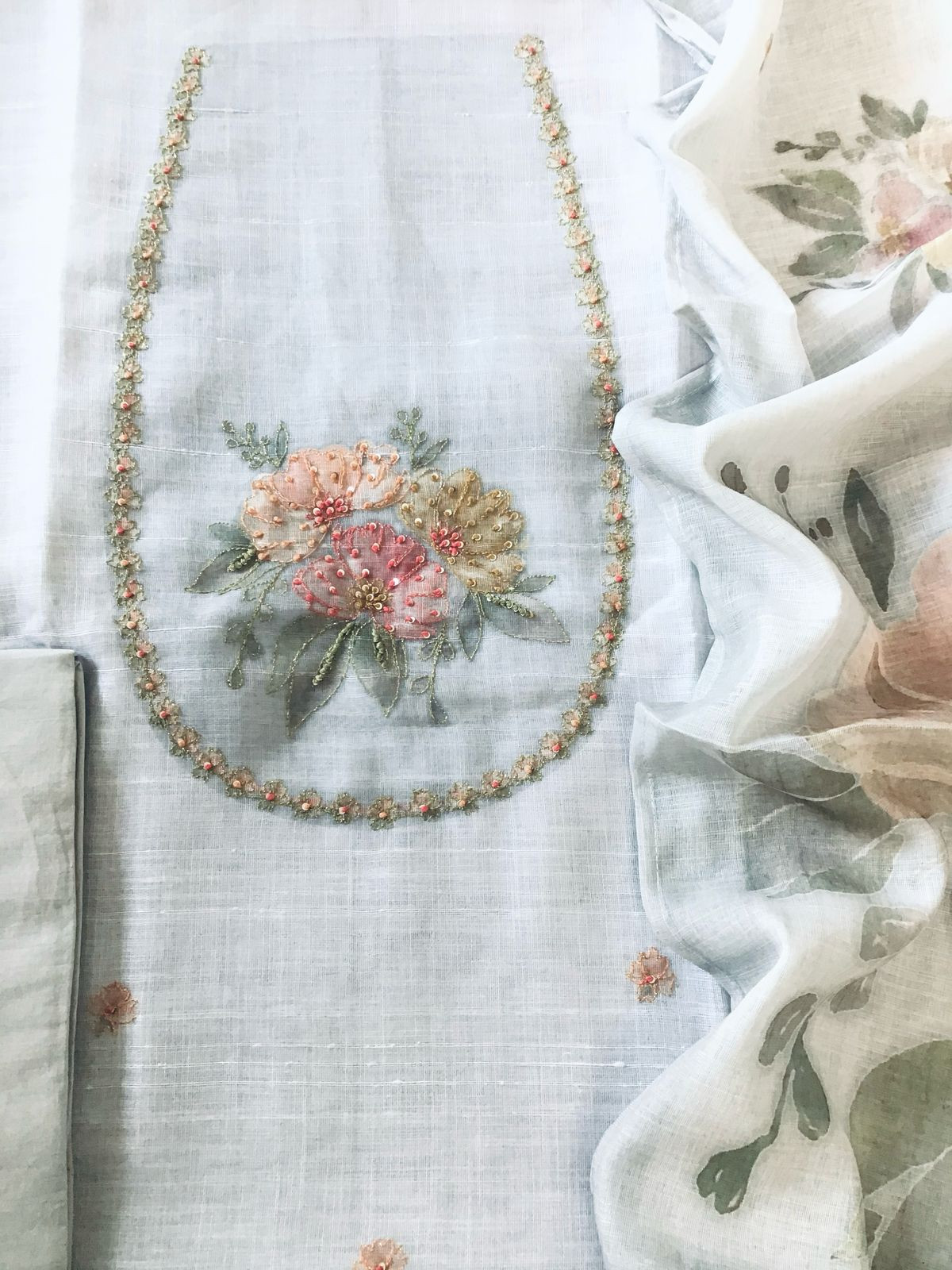 Soft Linen Jute Cotton Printed Embroidered Suit - Grey