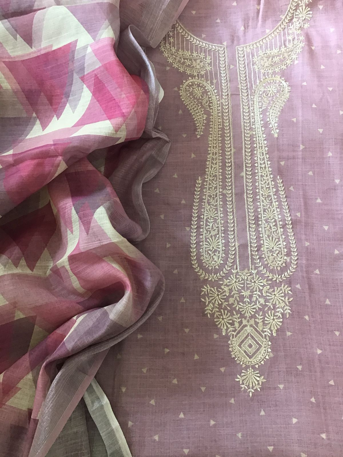 Soft Linen Jute Cotton Printed Embroidered Suit - Lavender