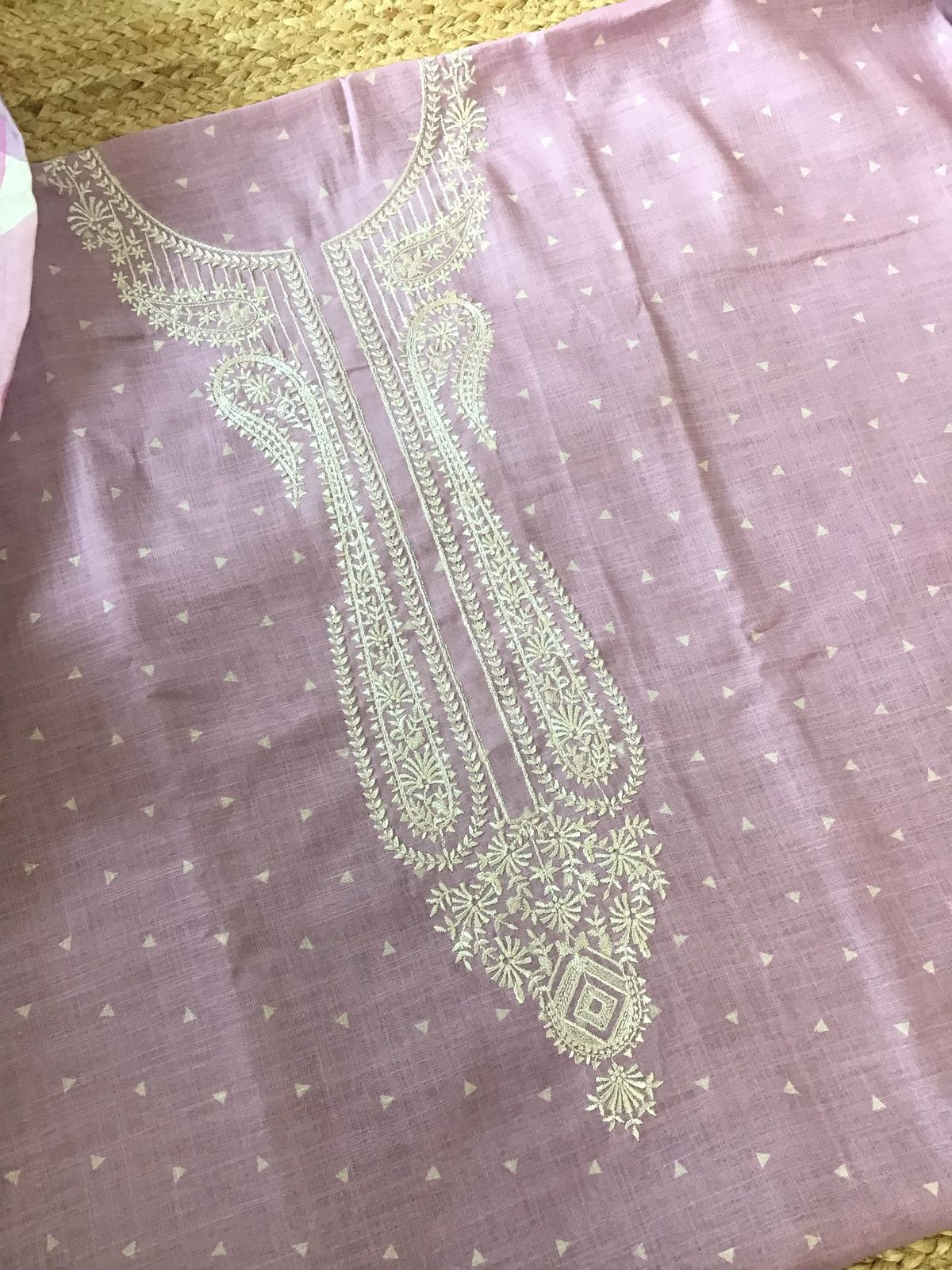 Soft Linen Jute Cotton Printed Embroidered Suit - Lavender