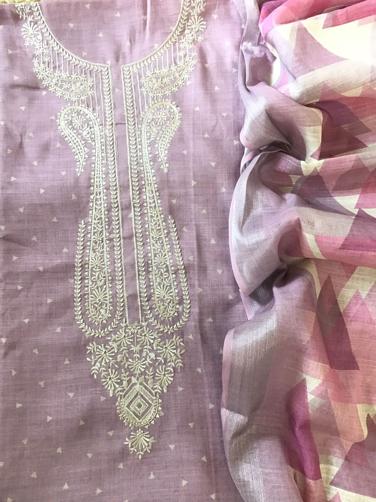 Soft Linen Jute Cotton Printed Embroidered Suit - Lavender