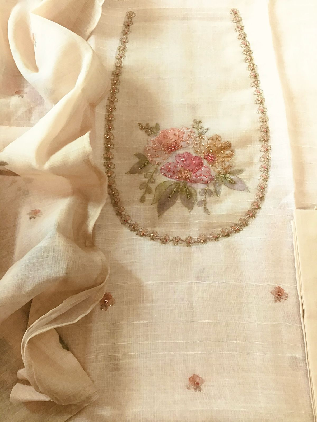 Soft Linen Jute Cotton Printed Embroidered Suit - Light Beige