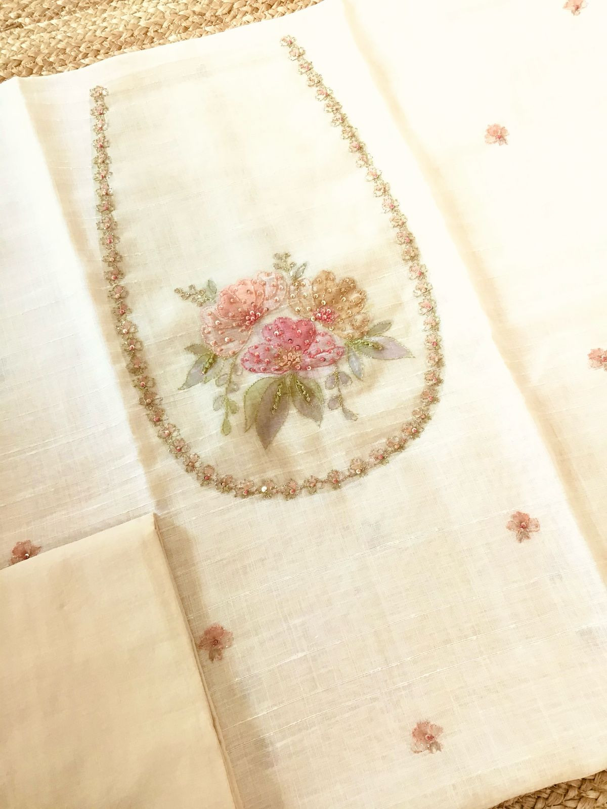 Soft Linen Jute Cotton Printed Embroidered Suit - Light Beige