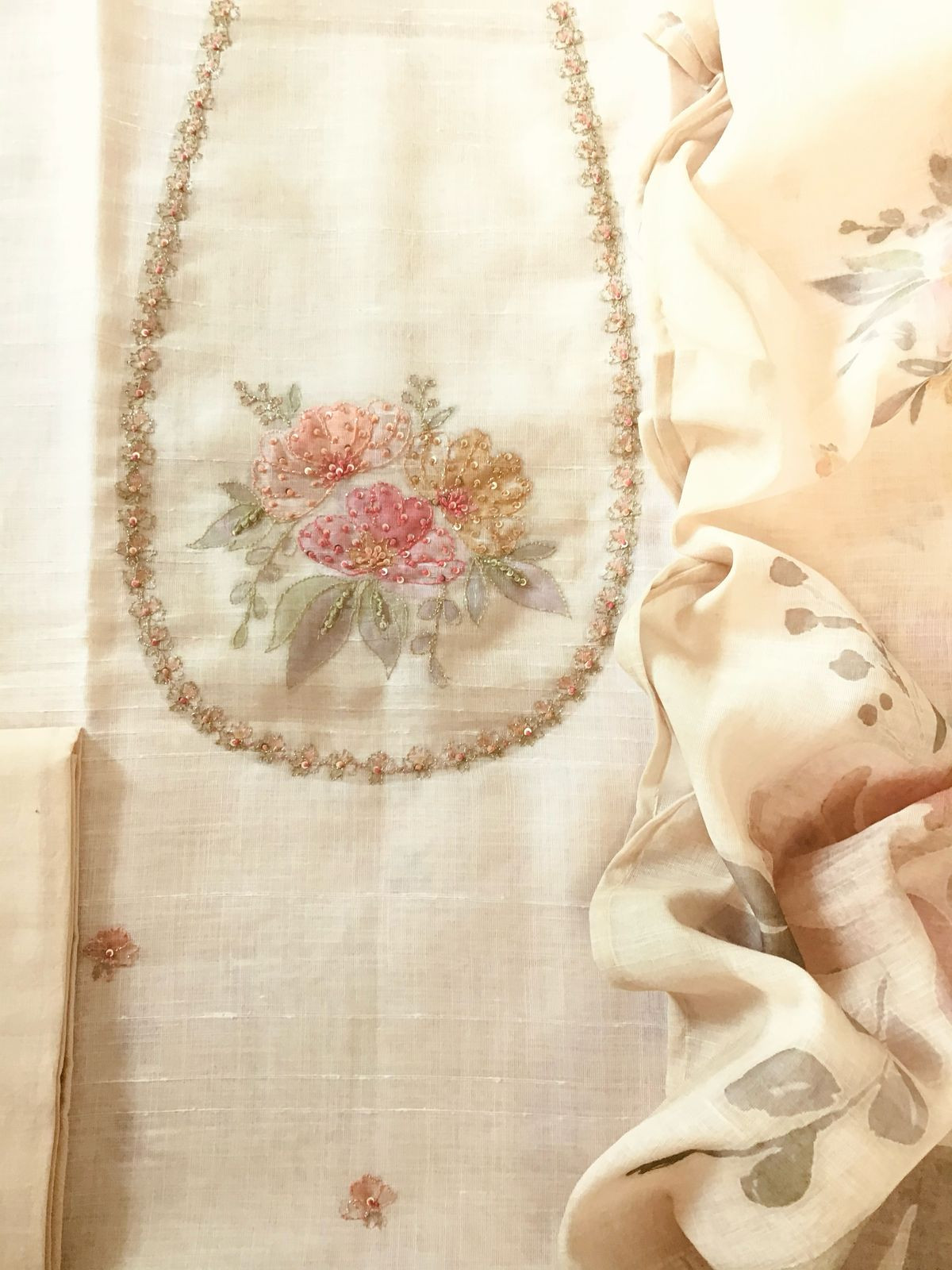 Soft Linen Jute Cotton Printed Embroidered Suit - Light Beige