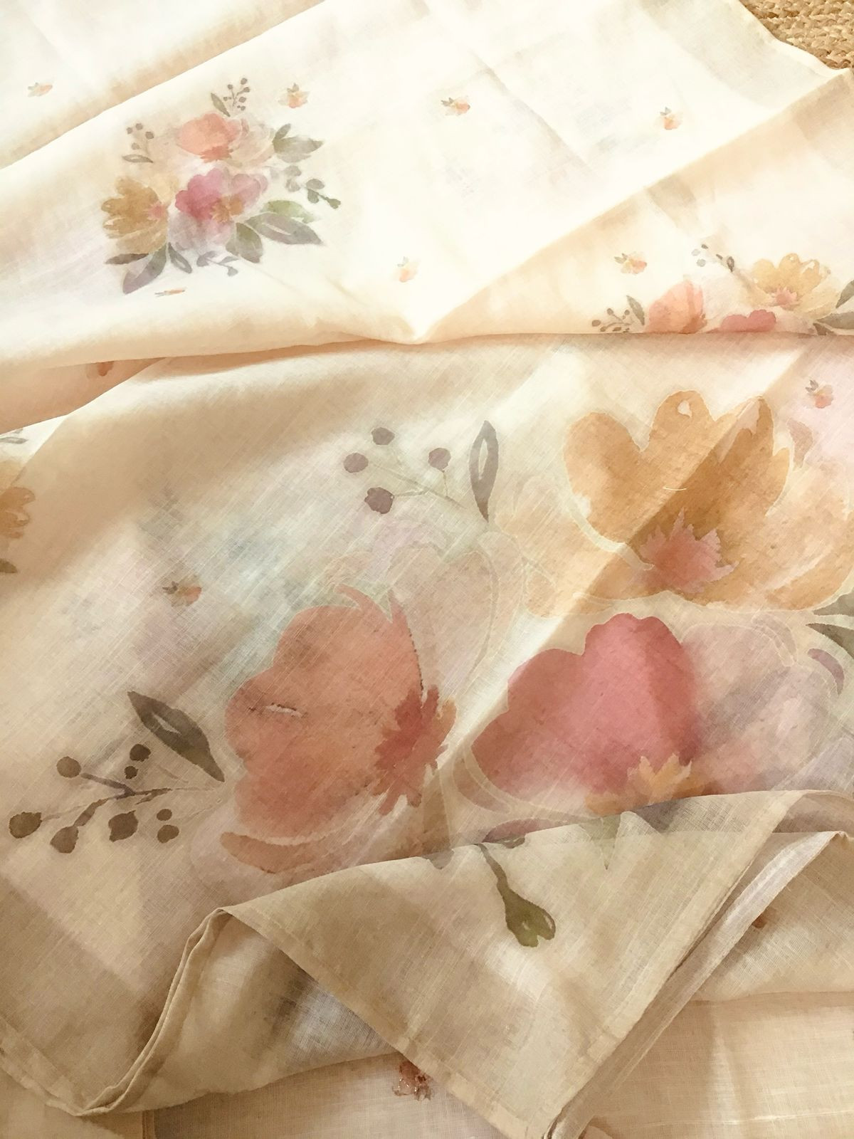 Soft Linen Jute Cotton Printed Embroidered Suit - Light Beige