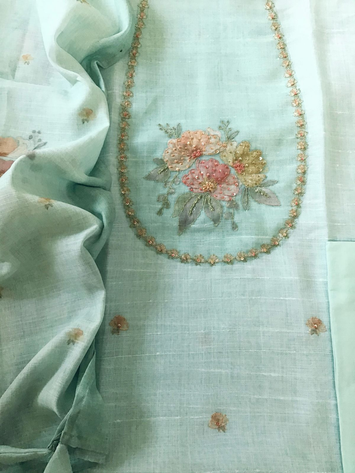 Soft Linen Jute Cotton Printed Embroidered Suit - Sea Green