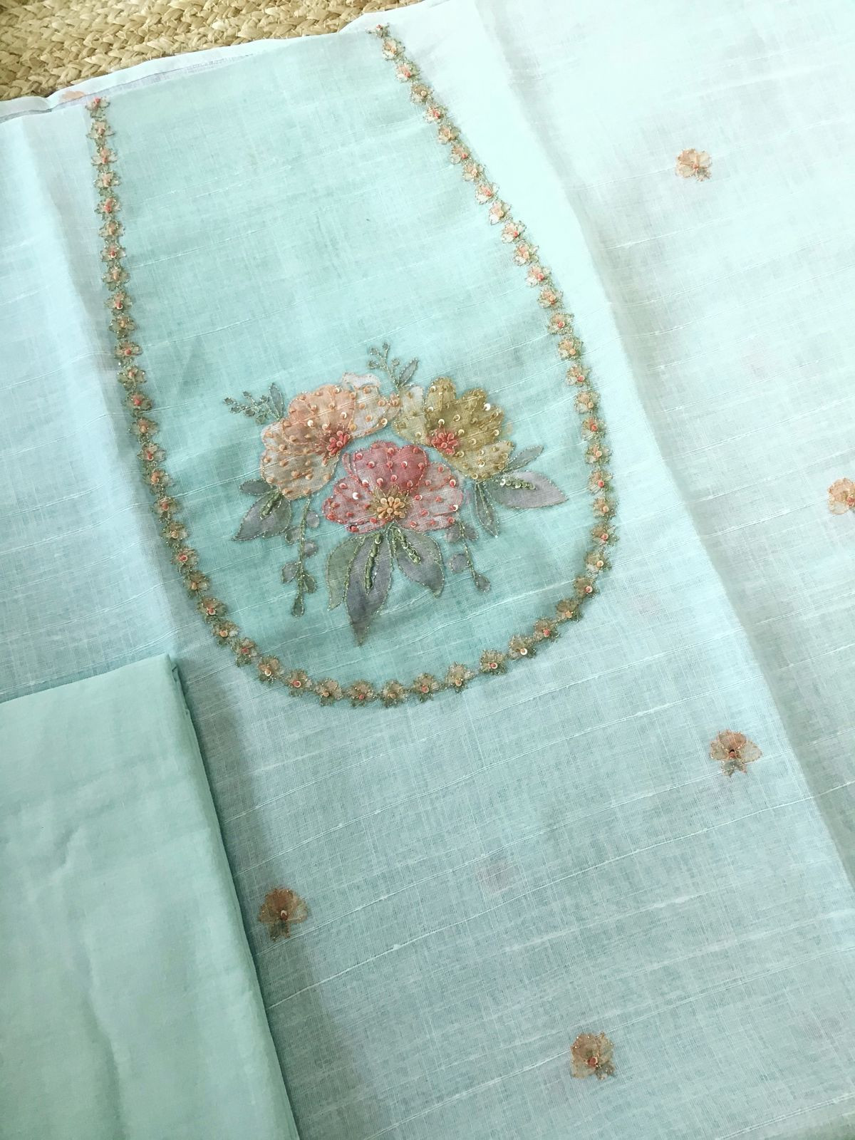 Soft Linen Jute Cotton Printed Embroidered Suit - Sea Green