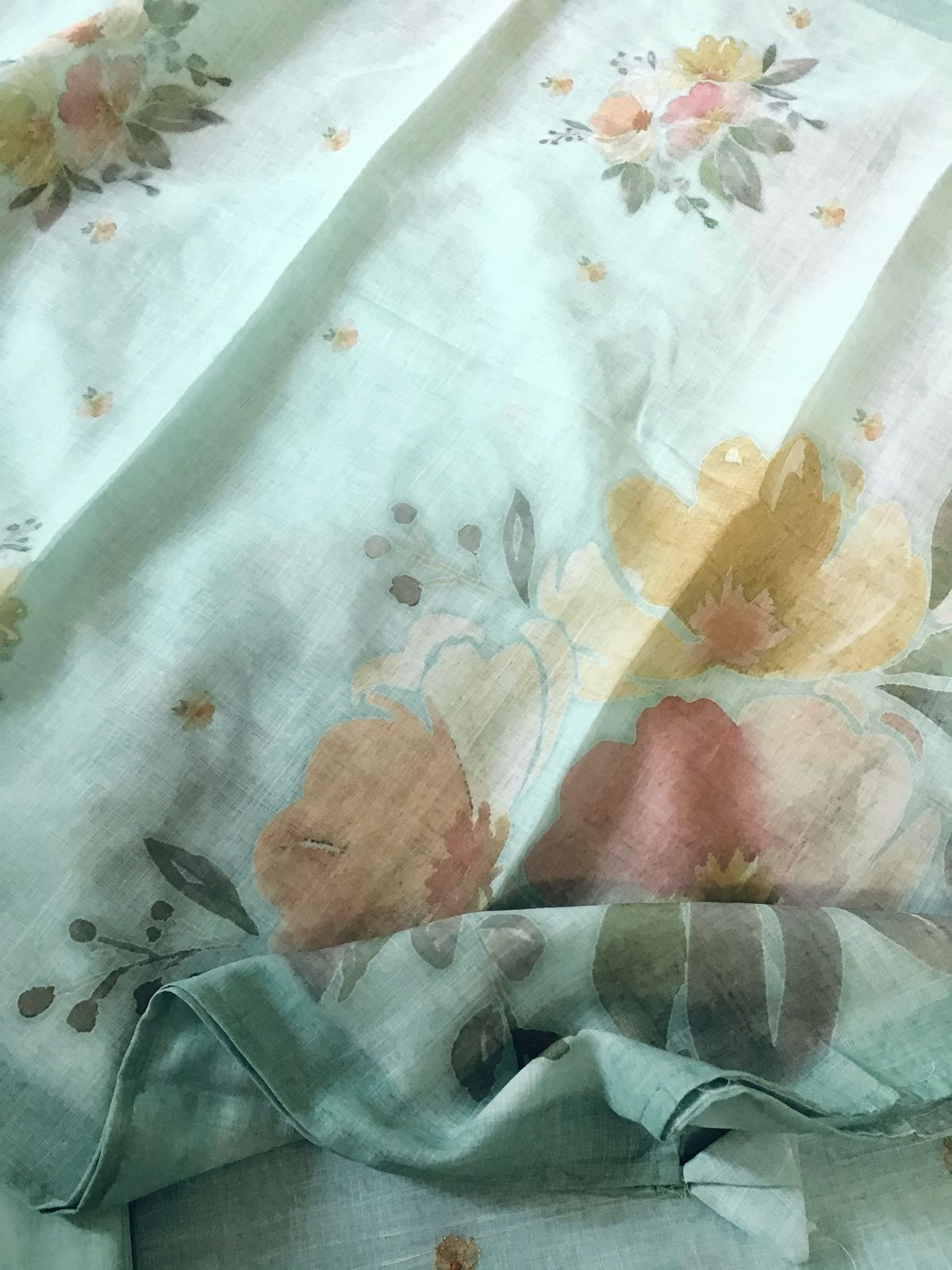 Soft Linen Jute Cotton Printed Embroidered Suit - Sea Green