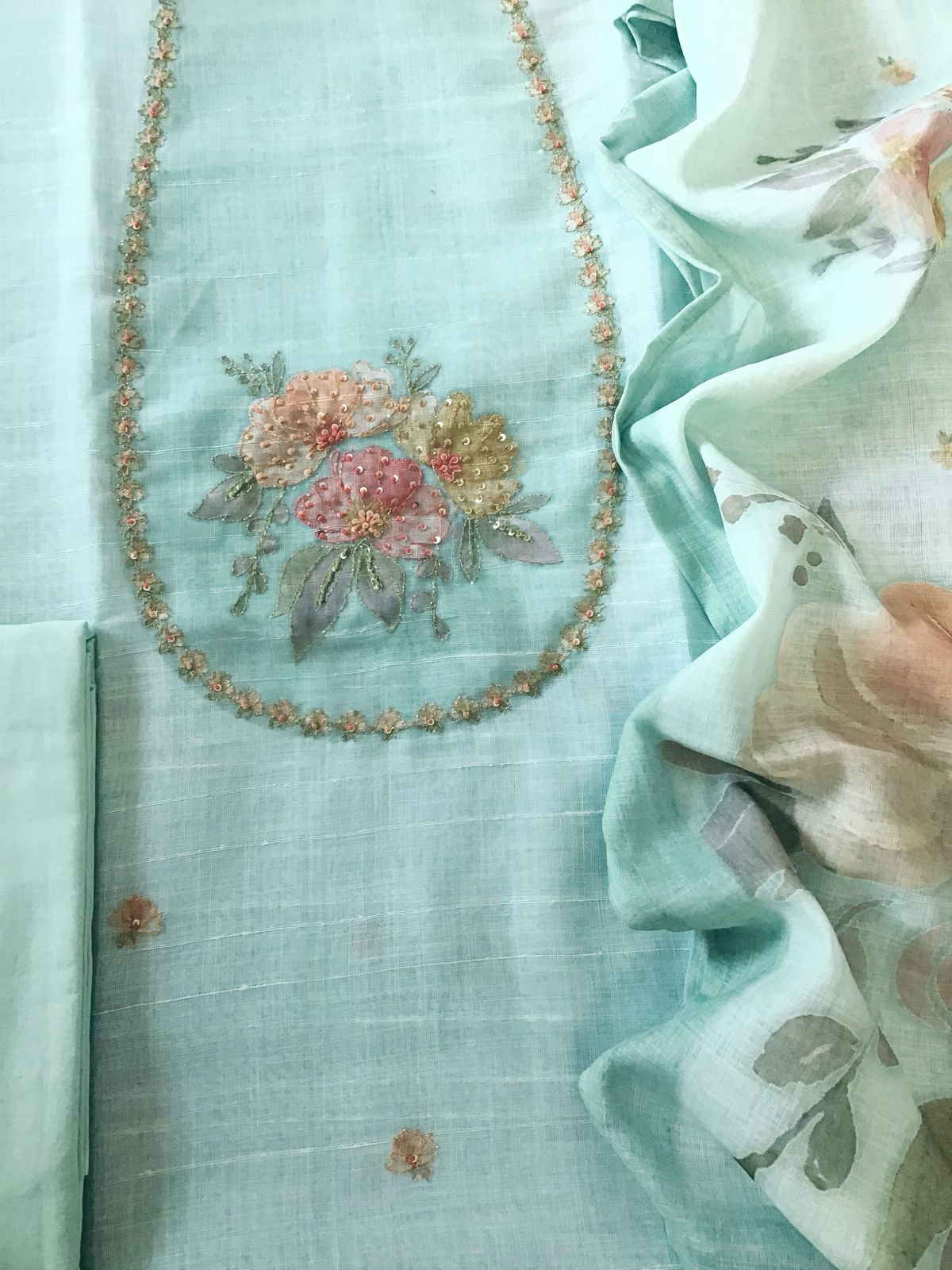 Soft Linen Jute Cotton Printed Embroidered Suit - Sea Green