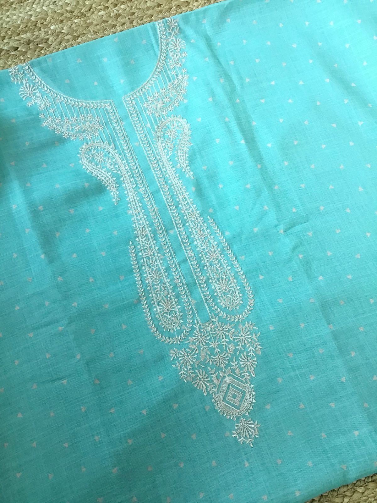 Soft Linen Jute Cotton Printed Embroidered Suit - Blue