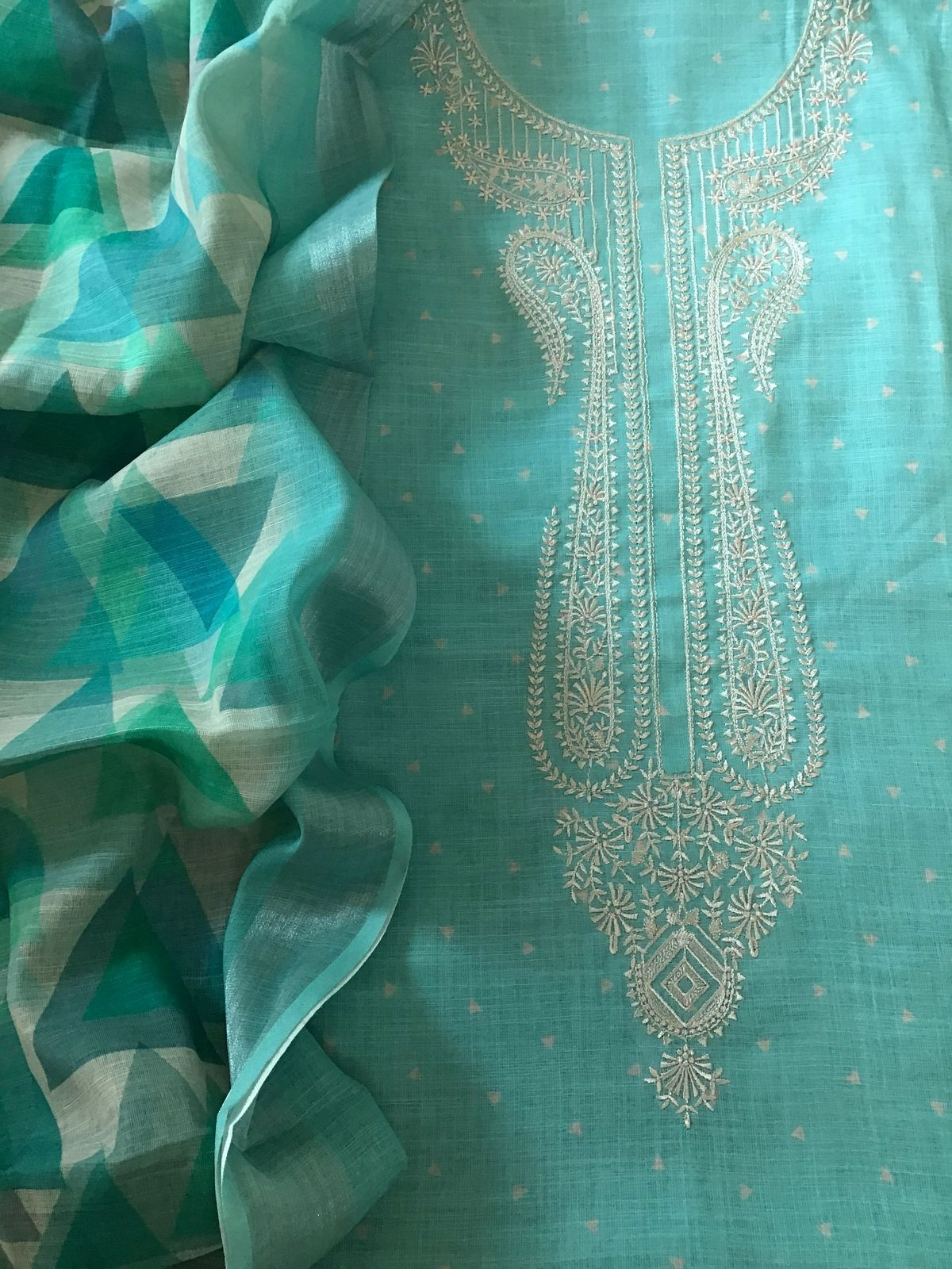 Soft Linen Jute Cotton Printed Embroidered Suit - Blue