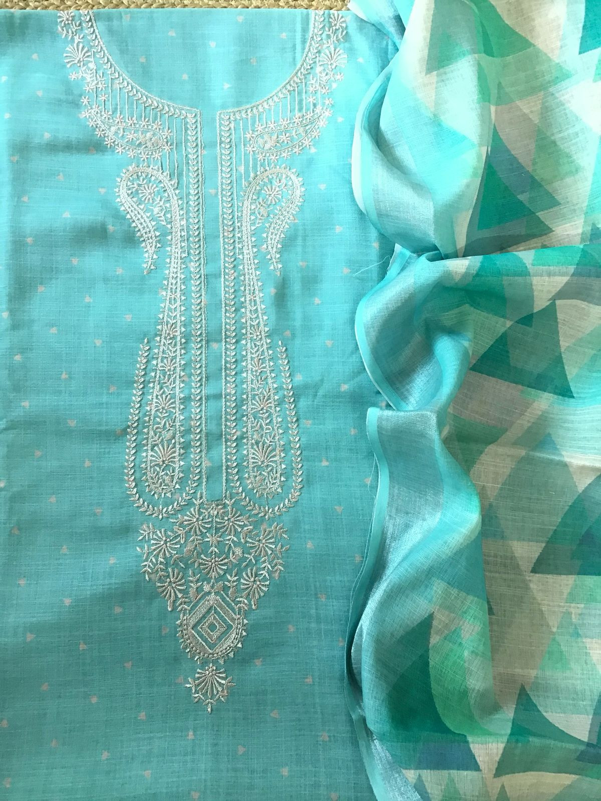 Soft Linen Jute Cotton Printed Embroidered Suit - Blue