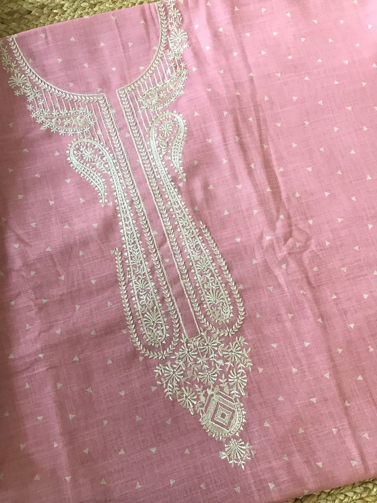 Soft Linen Jute Cotton Printed Embroidered Suit - Pink
