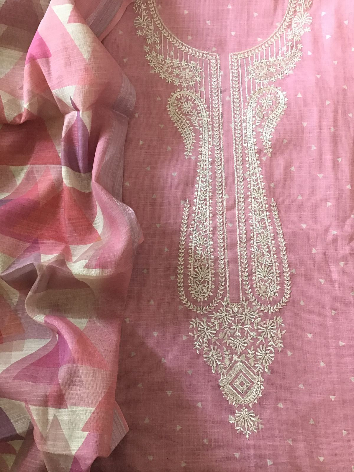 Soft Linen Jute Cotton Printed Embroidered Suit - Pink