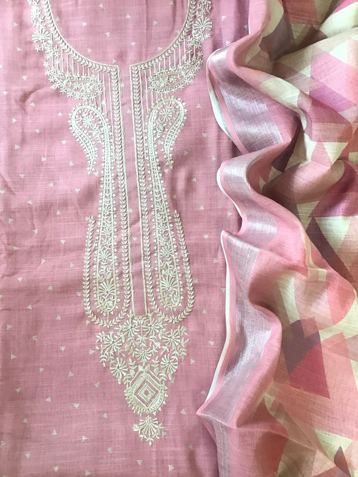 Soft Linen Jute Cotton Printed Embroidered Suit - Pink