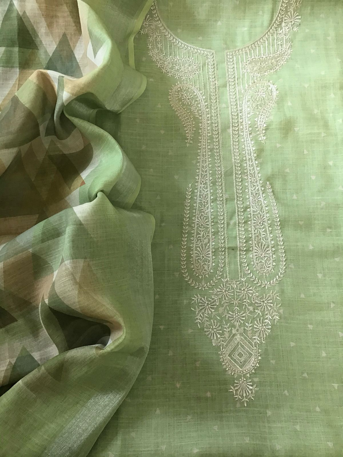 Soft Linen Jute Cotton Printed Embroidered Suit - Green