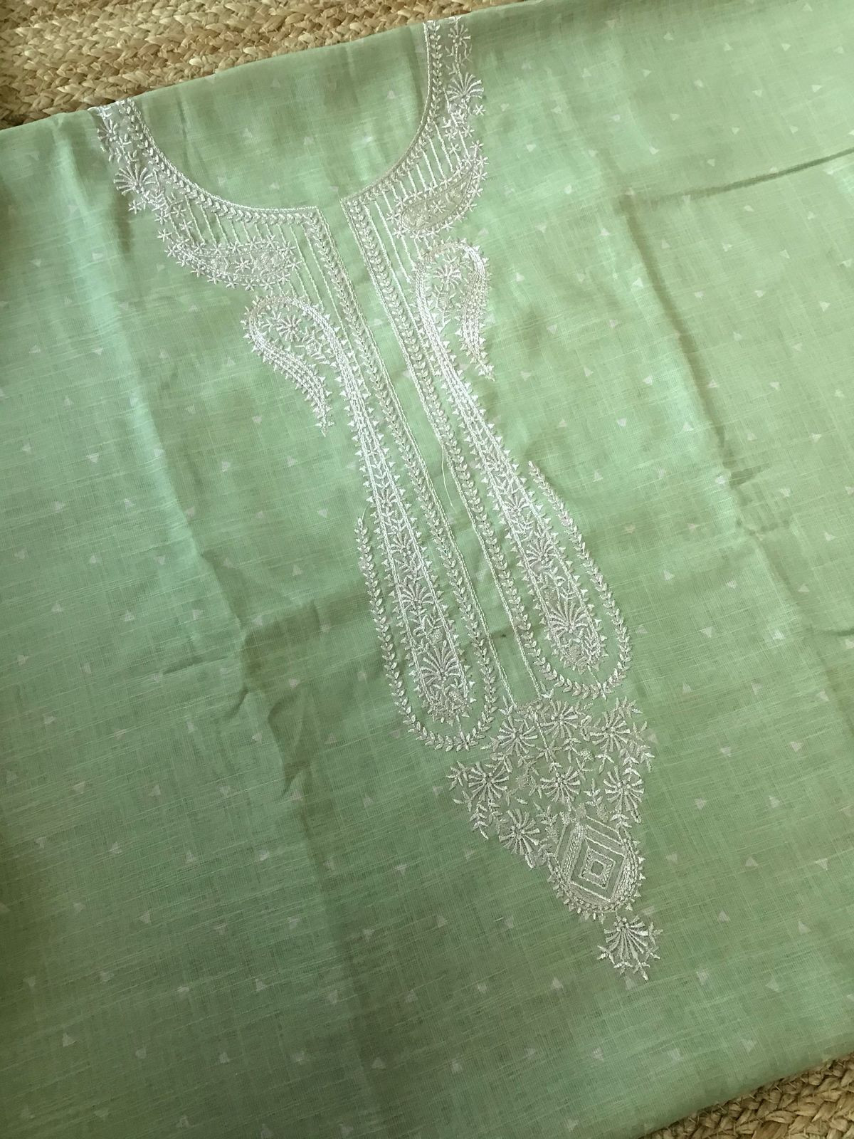 Soft Linen Jute Cotton Printed Embroidered Suit - Green