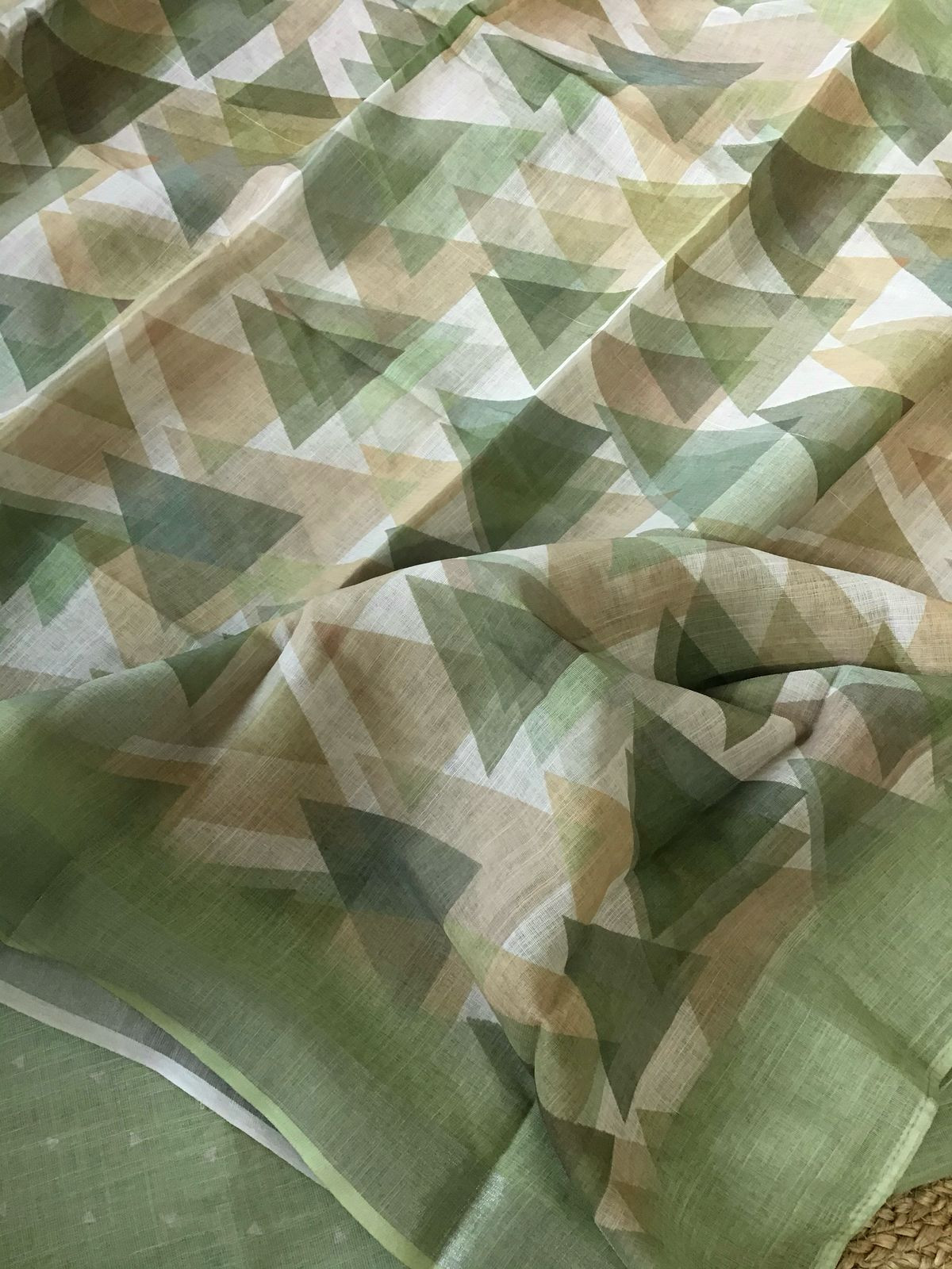 Soft Linen Jute Cotton Printed Embroidered Suit - Green