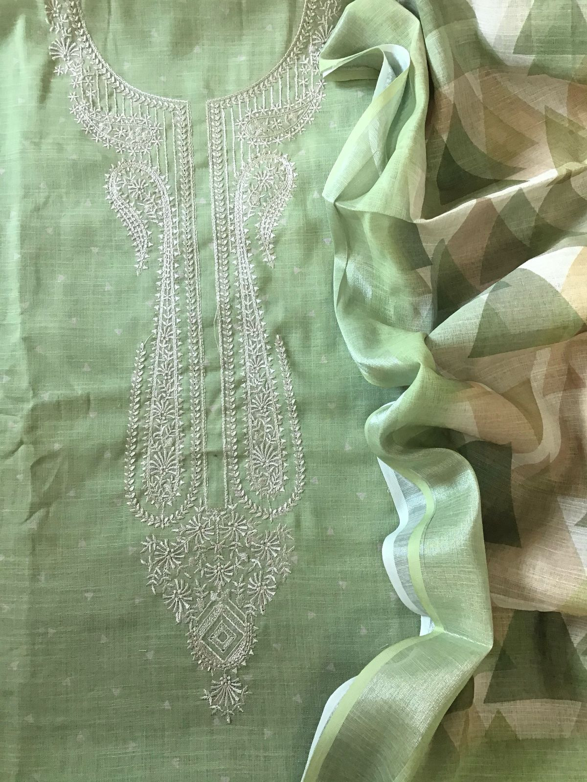 Soft Linen Jute Cotton Printed Embroidered Suit - Green