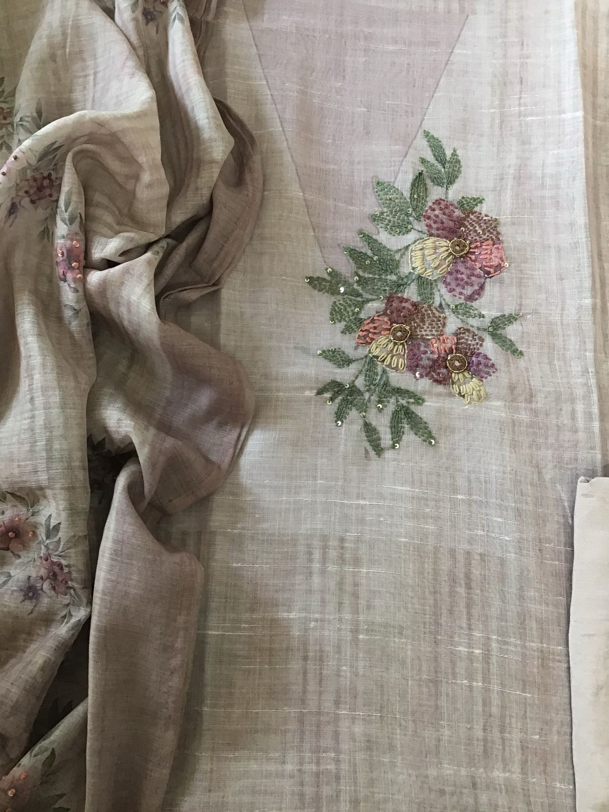 Soft Linen Jute Cotton Printed Embroidered Suit - Light Mauve