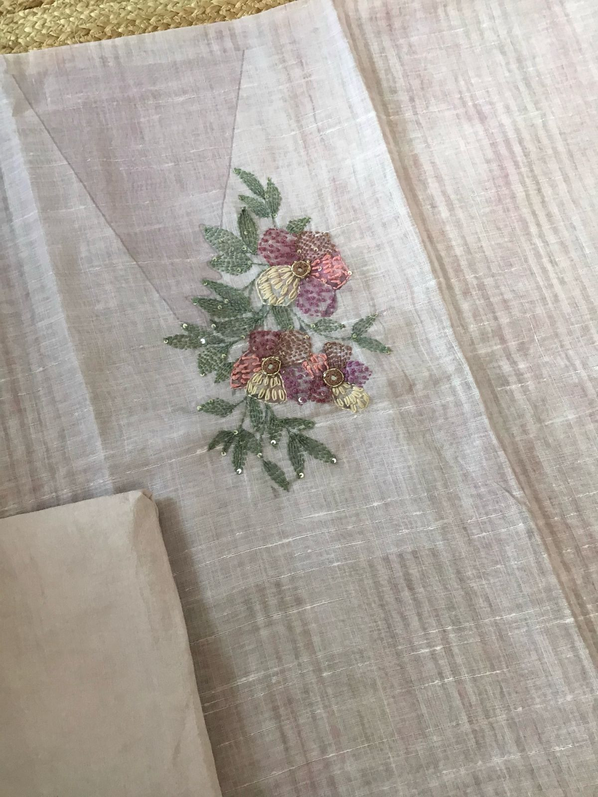 Soft Linen Jute Cotton Printed Embroidered Suit - Light Mauve