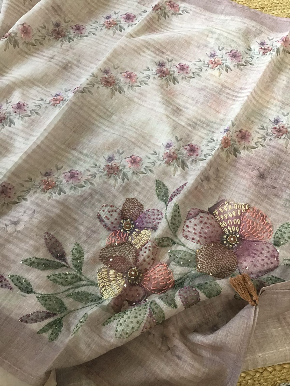 Soft Linen Jute Cotton Printed Embroidered Suit - Light Mauve