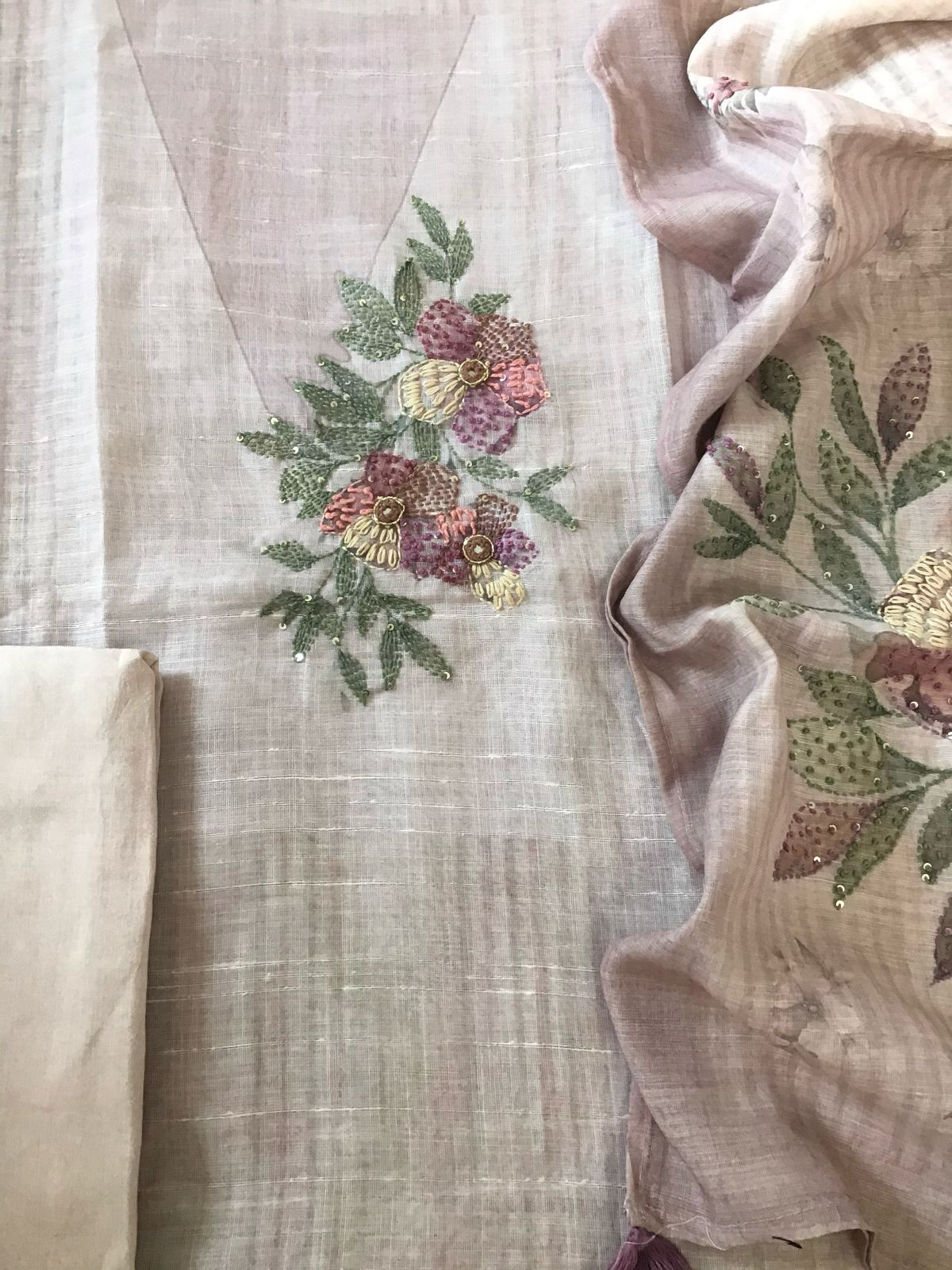 Soft Linen Jute Cotton Printed Embroidered Suit - Light Mauve