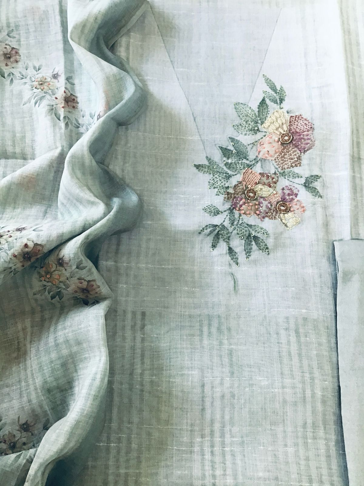 Soft Linen Jute Cotton Printed Embroidered Suit - Grey