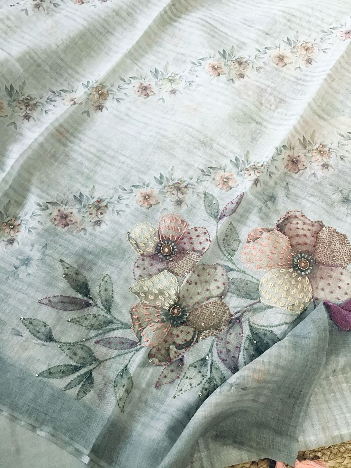 Soft Linen Jute Cotton Printed Embroidered Suit - Grey