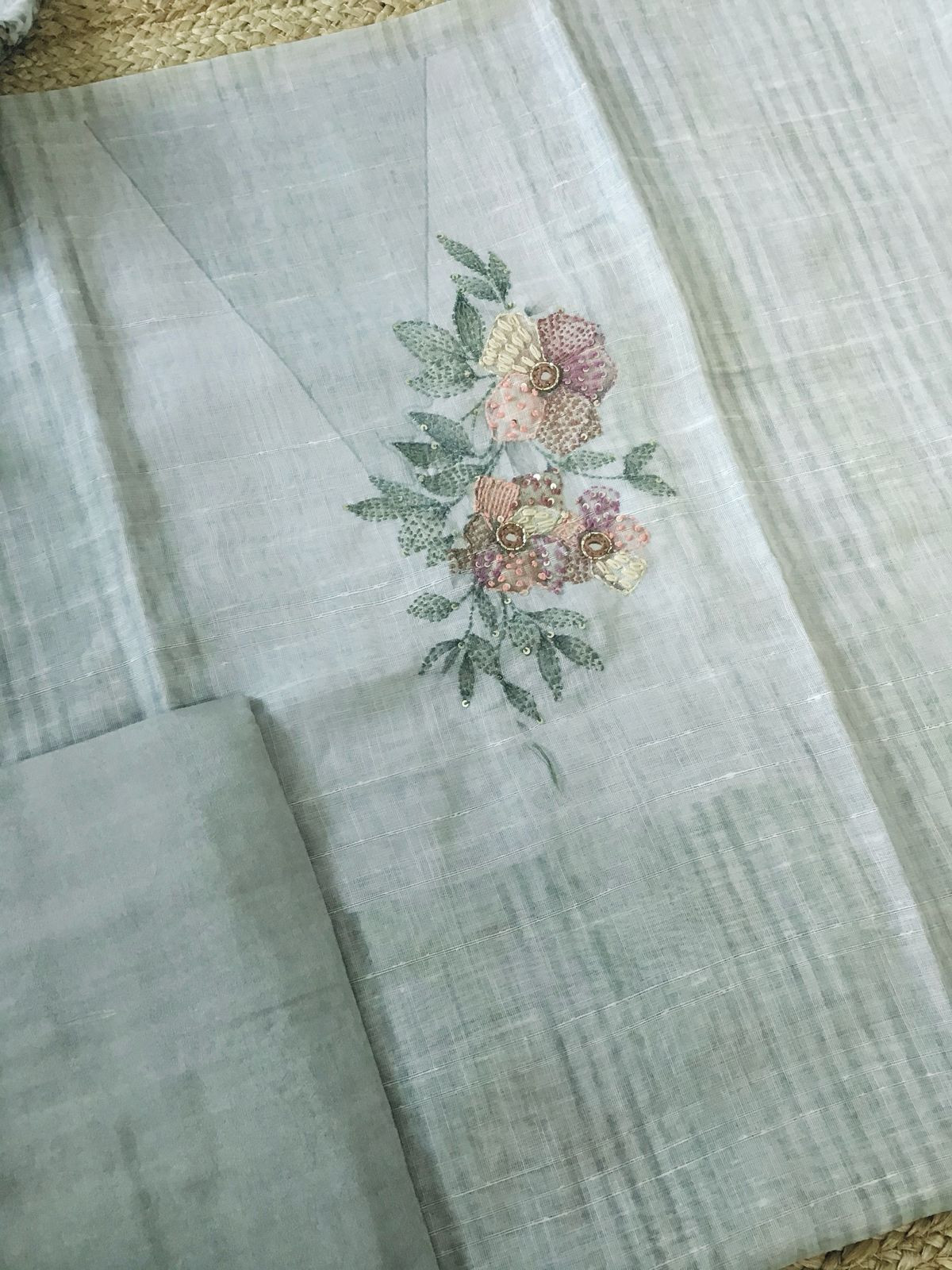 Soft Linen Jute Cotton Printed Embroidered Suit - Grey