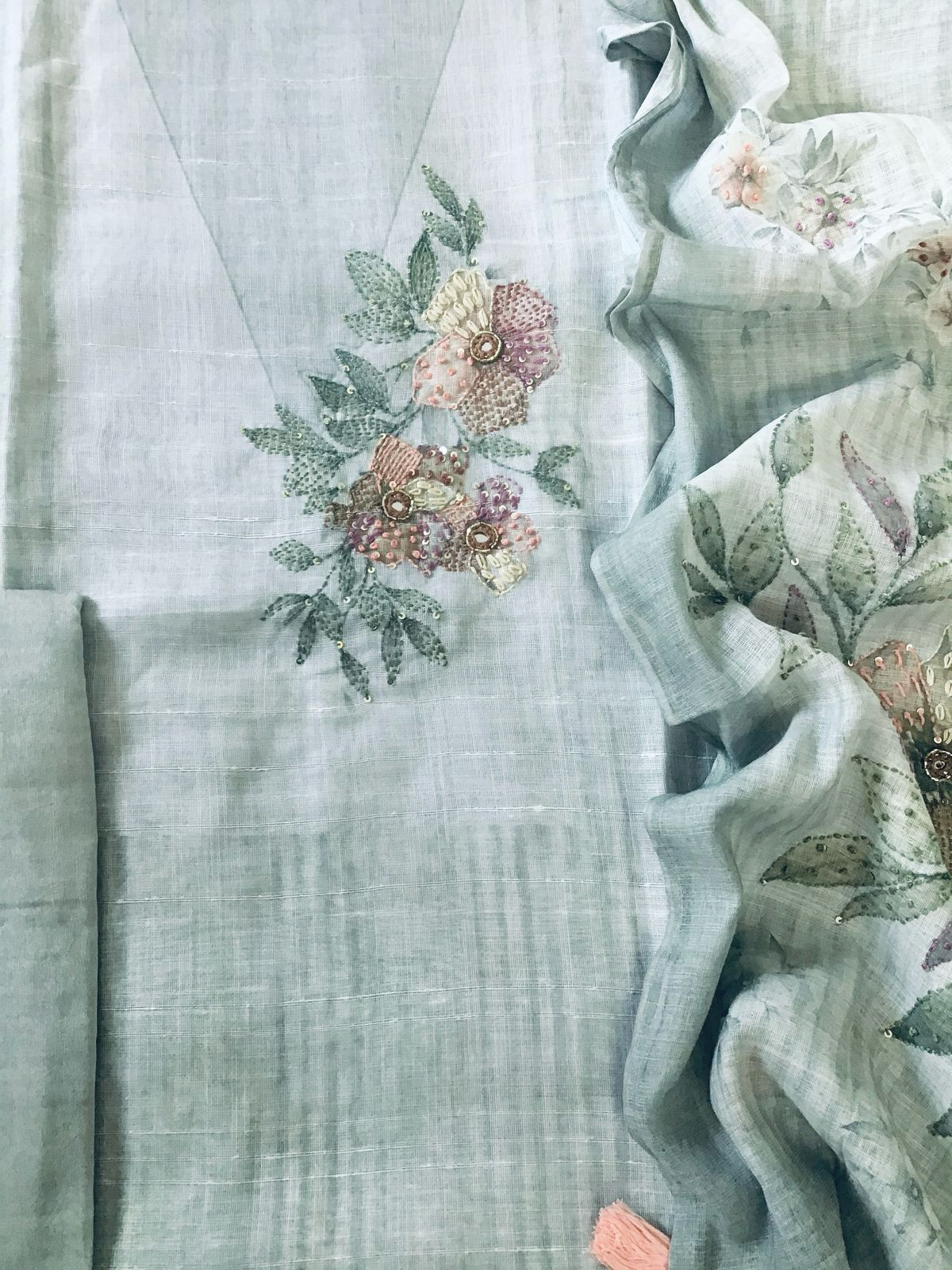 Soft Linen Jute Cotton Printed Embroidered Suit - Grey