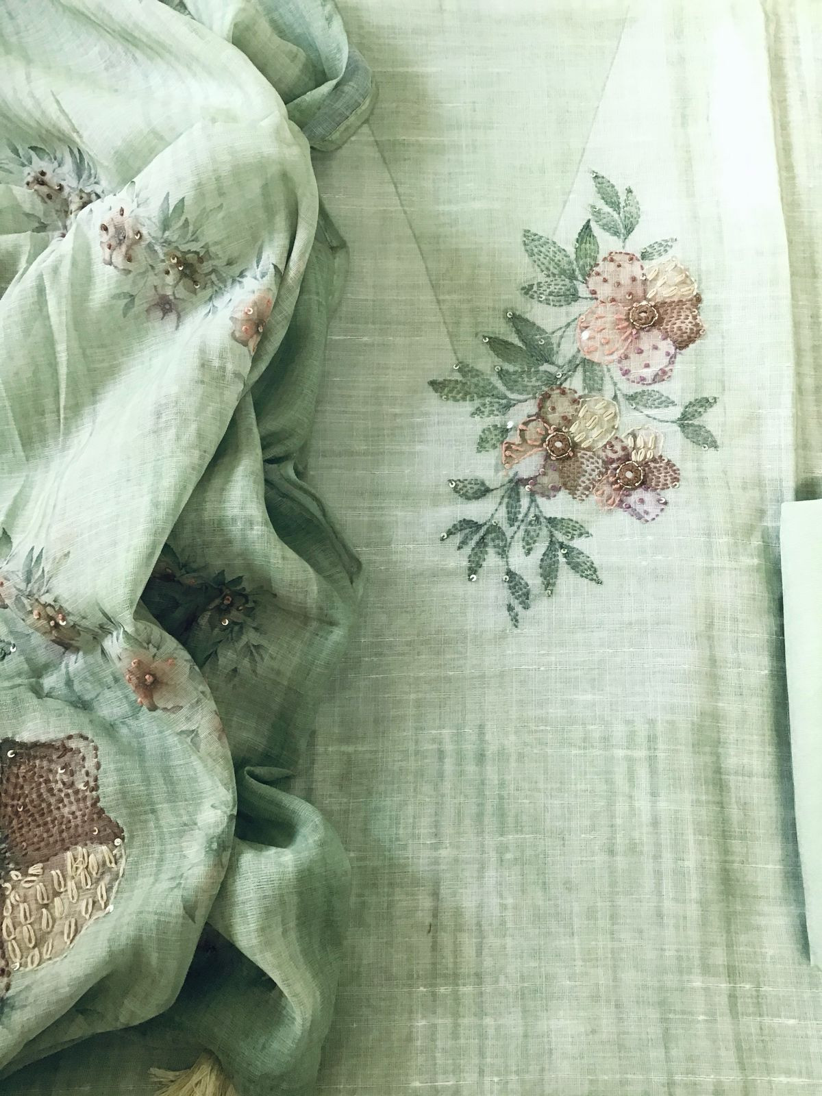 Soft Linen Jute Cotton Printed Embroidered Suit - Green