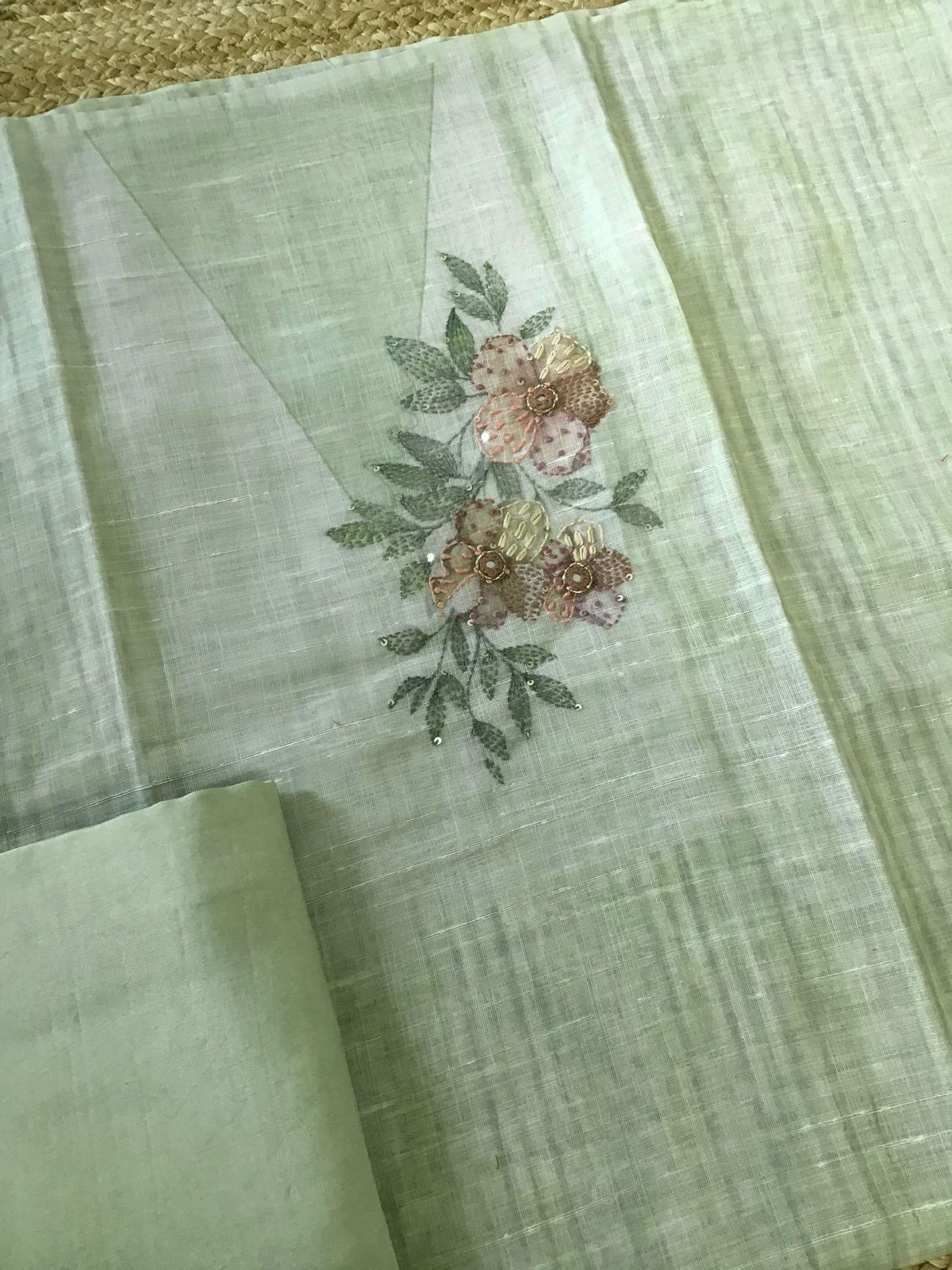 Soft Linen Jute Cotton Printed Embroidered Suit - Green