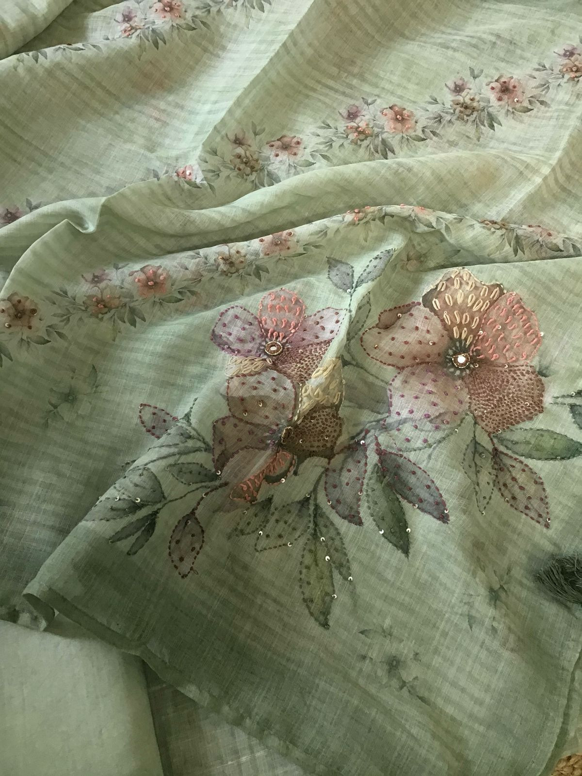 Soft Linen Jute Cotton Printed Embroidered Suit - Green