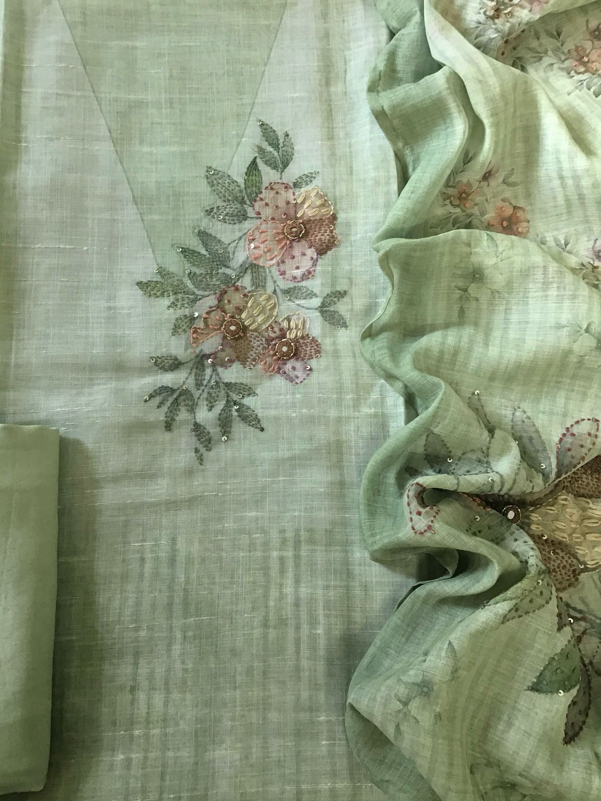 Soft Linen Jute Cotton Printed Embroidered Suit - Green