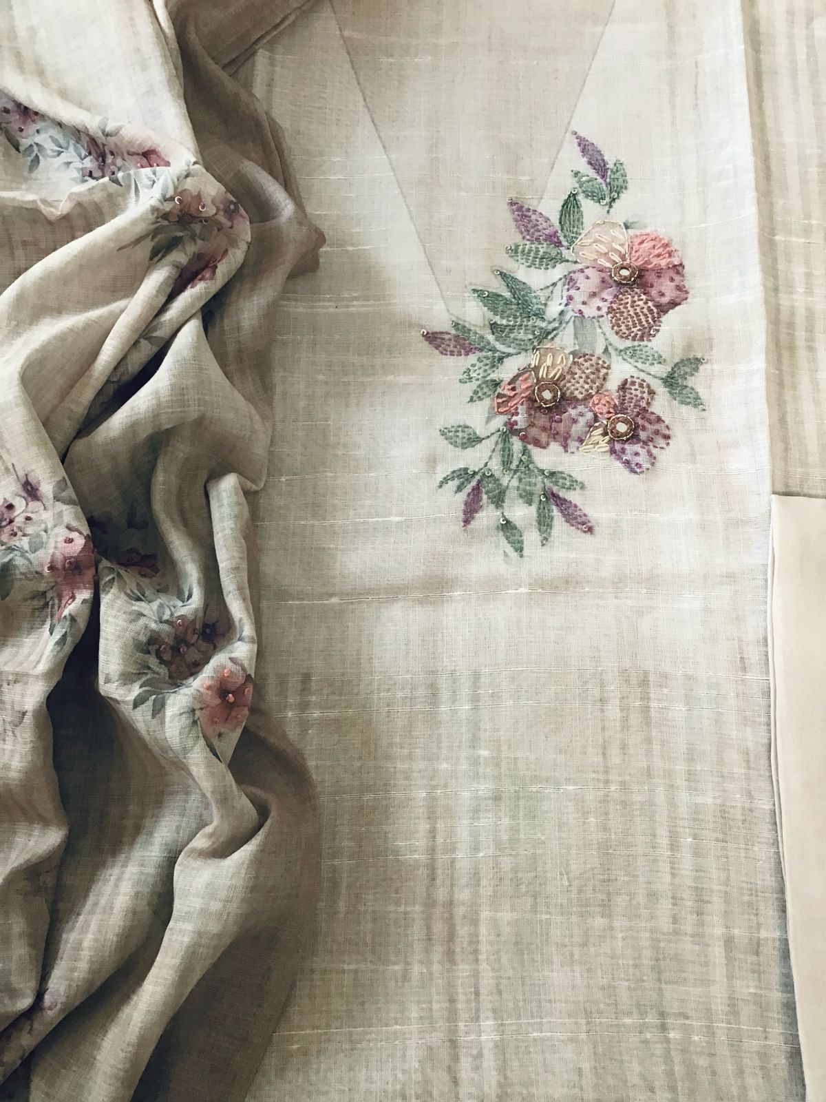 Soft Linen Jute Cotton Printed Embroidered Suit - Beige