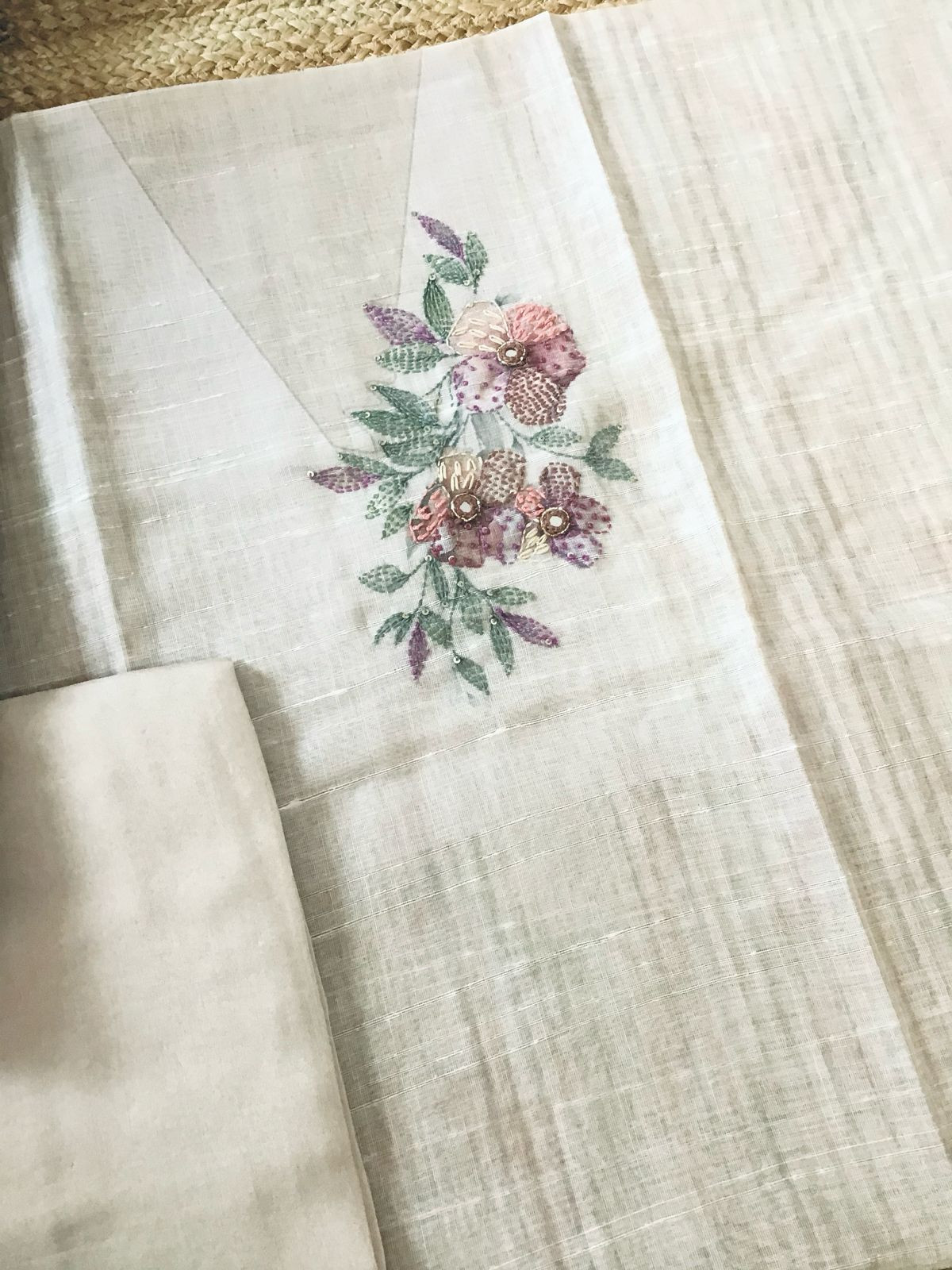 Soft Linen Jute Cotton Printed Embroidered Suit - Beige