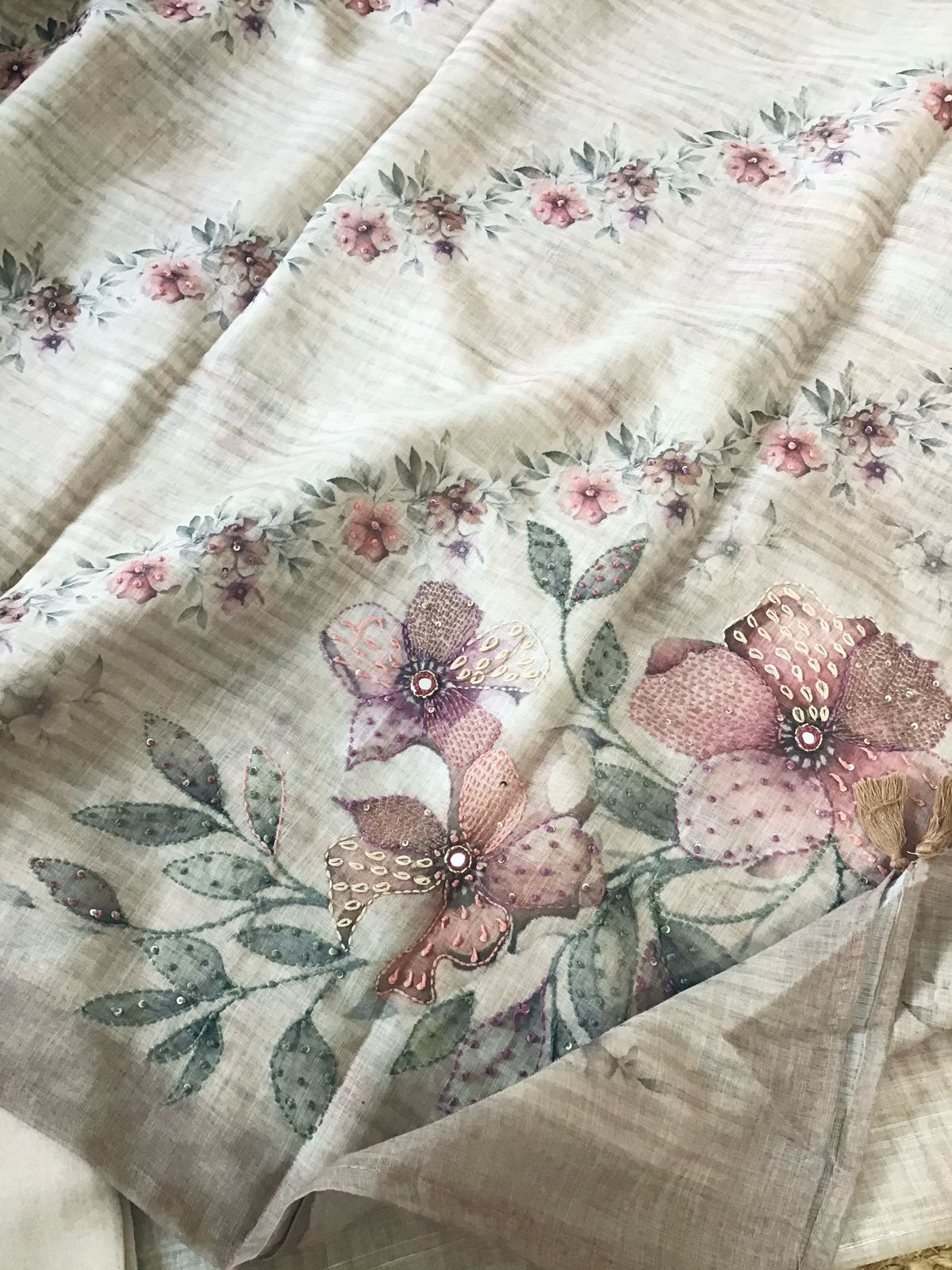 Soft Linen Jute Cotton Printed Embroidered Suit - Beige