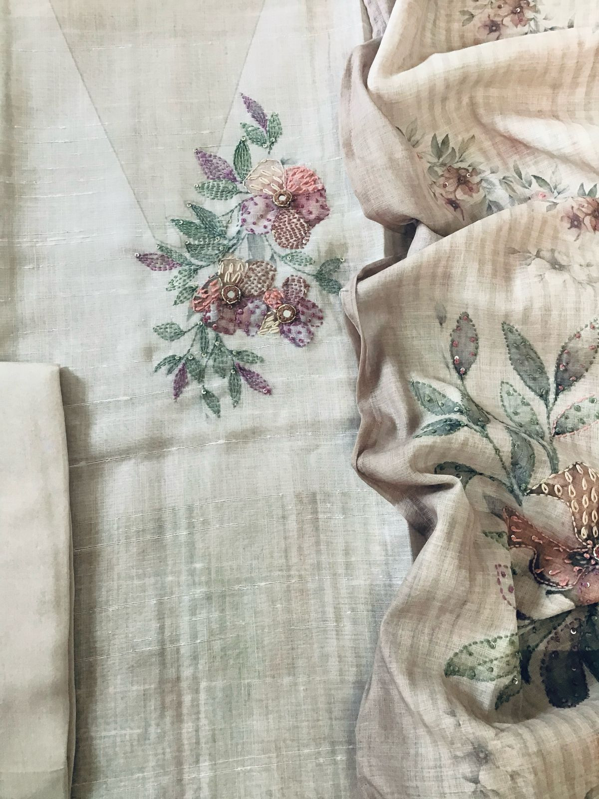 Soft Linen Jute Cotton Printed Embroidered Suit - Beige