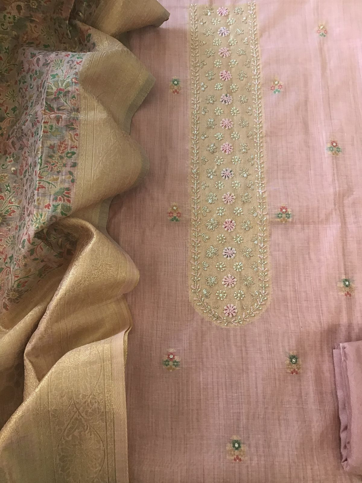 Soft Fine Slub Chanderi Jamdani Weaved Embroidered Suit - Pink