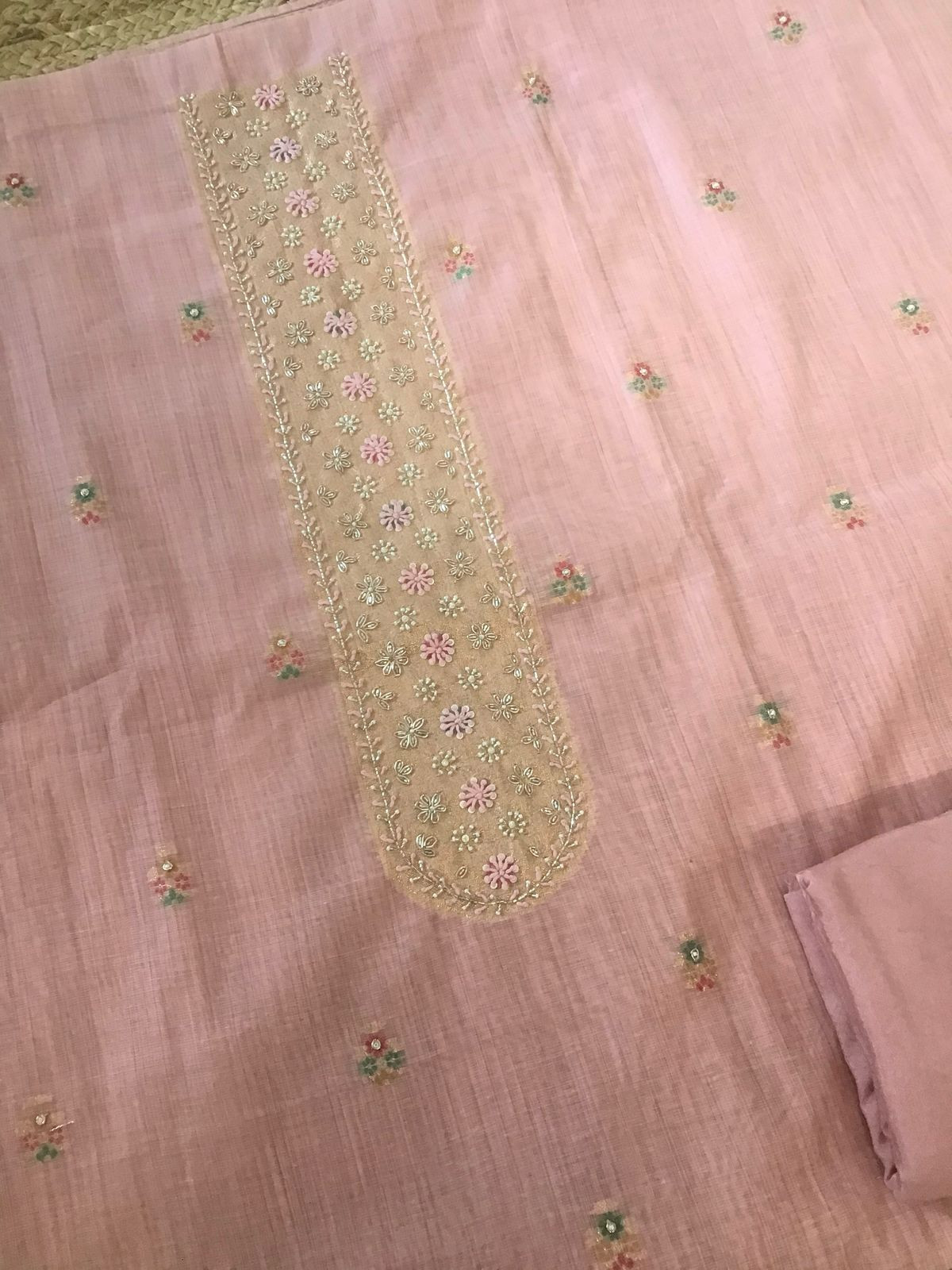 Soft Fine Slub Chanderi Jamdani Weaved Embroidered Suit - Pink
