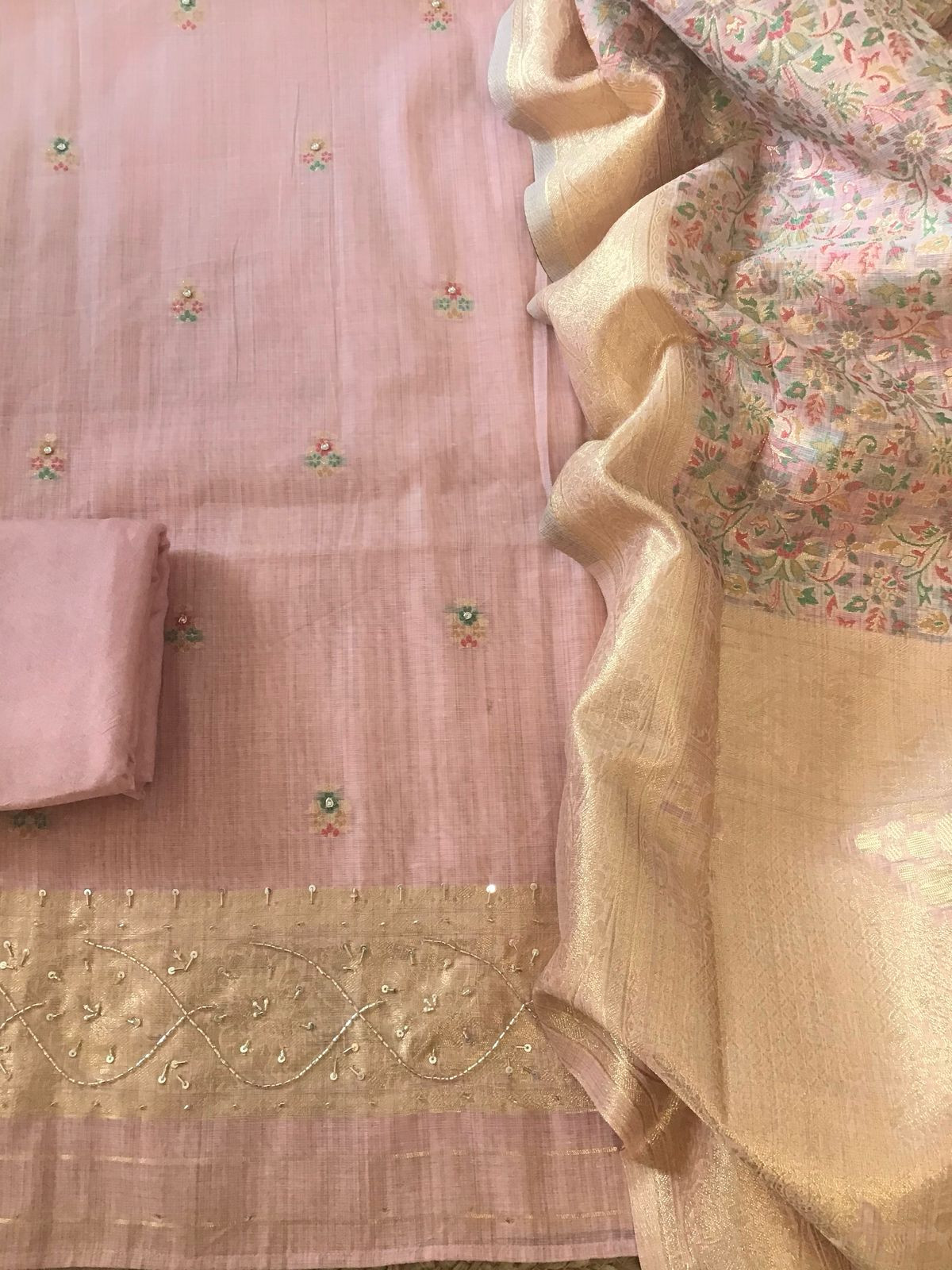 Soft Fine Slub Chanderi Jamdani Weaved Embroidered Suit - Pink