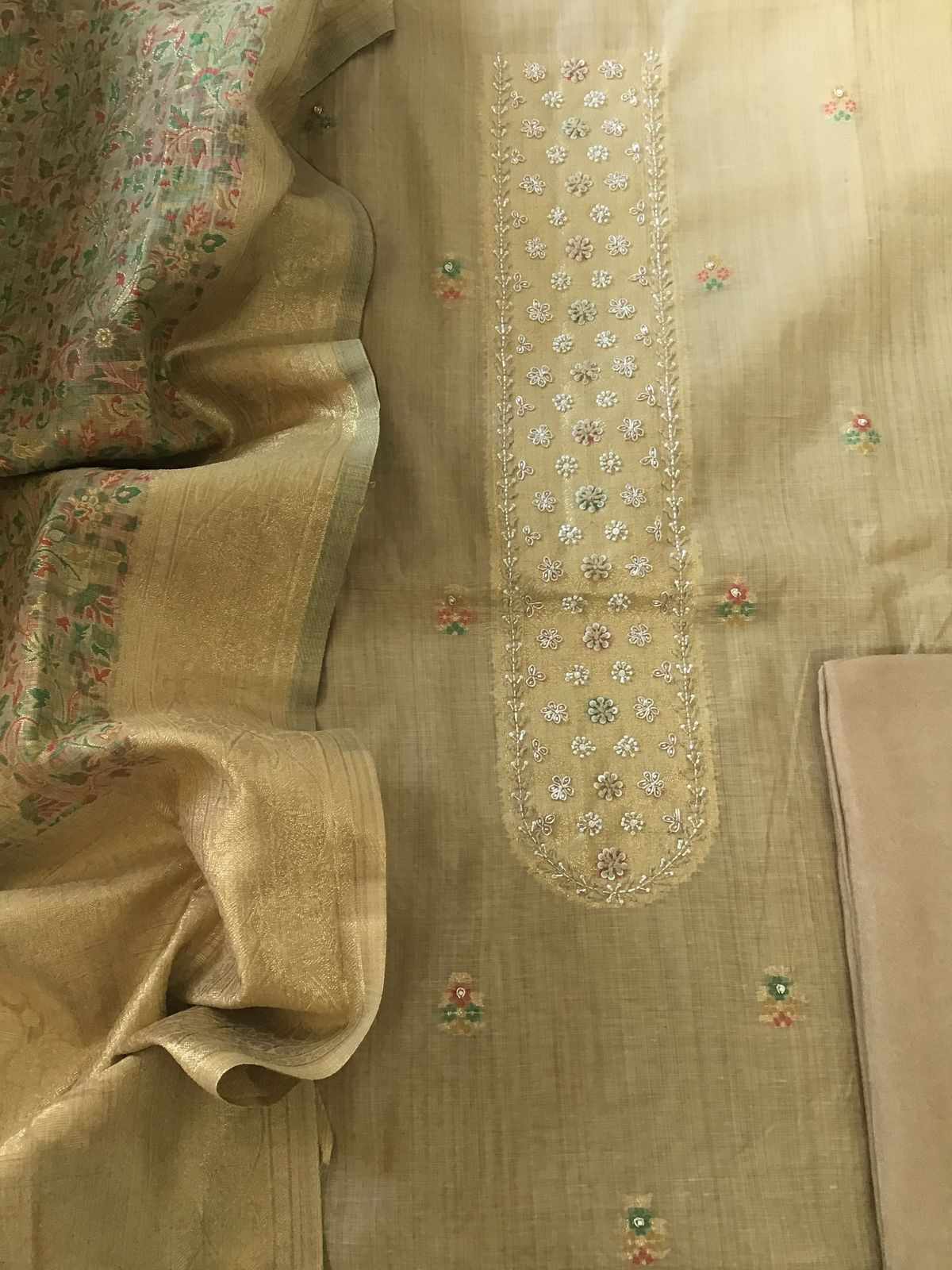 Soft Fine Slub Chanderi Jamdani Weaved Embroidered Suit - Beige