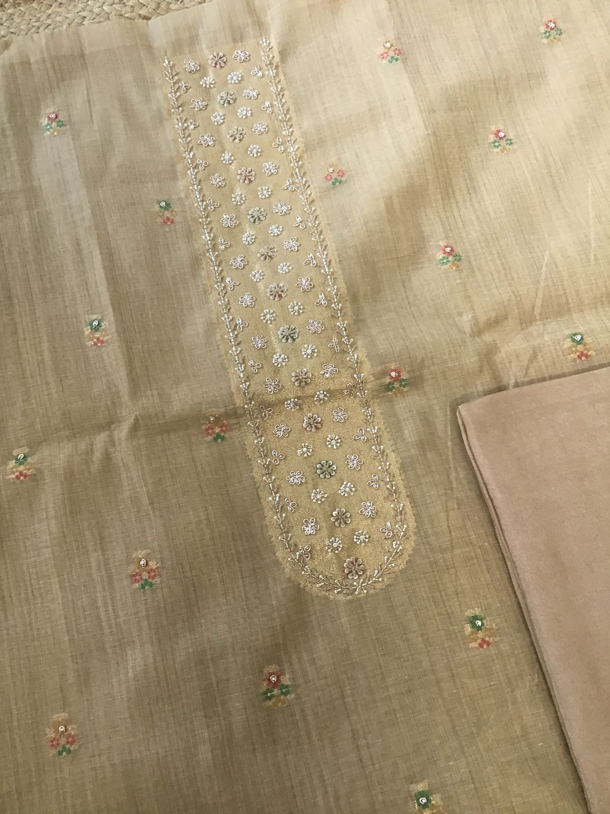 Soft Fine Slub Chanderi Jamdani Weaved Embroidered Suit - Beige