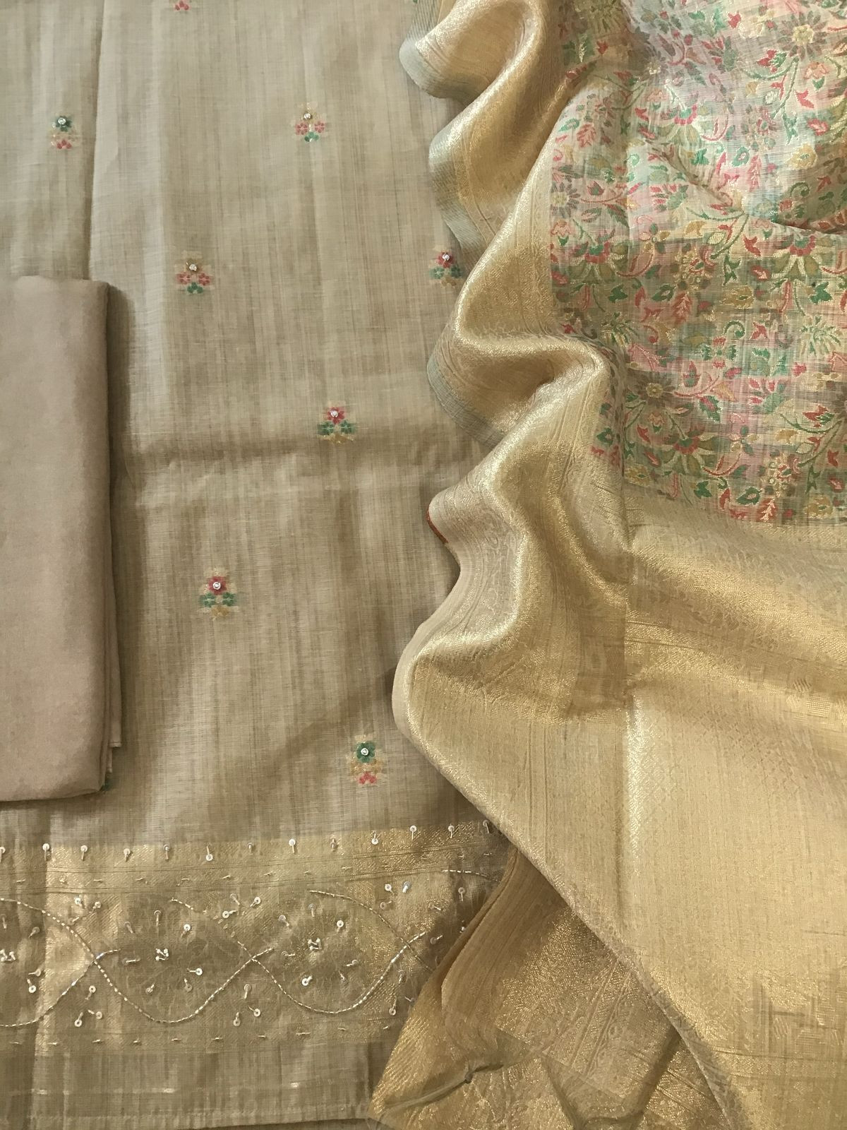 Soft Fine Slub Chanderi Jamdani Weaved Embroidered Suit - Beige