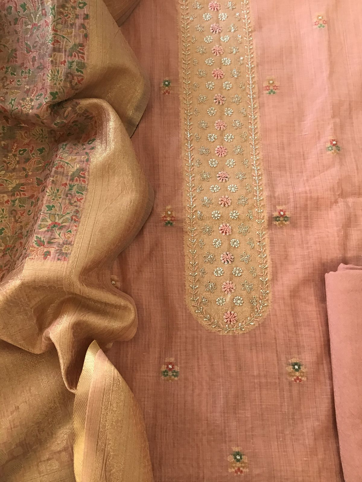Soft Fine Slub Chanderi Jamdani Weaved Embroidered Suit - Peach
