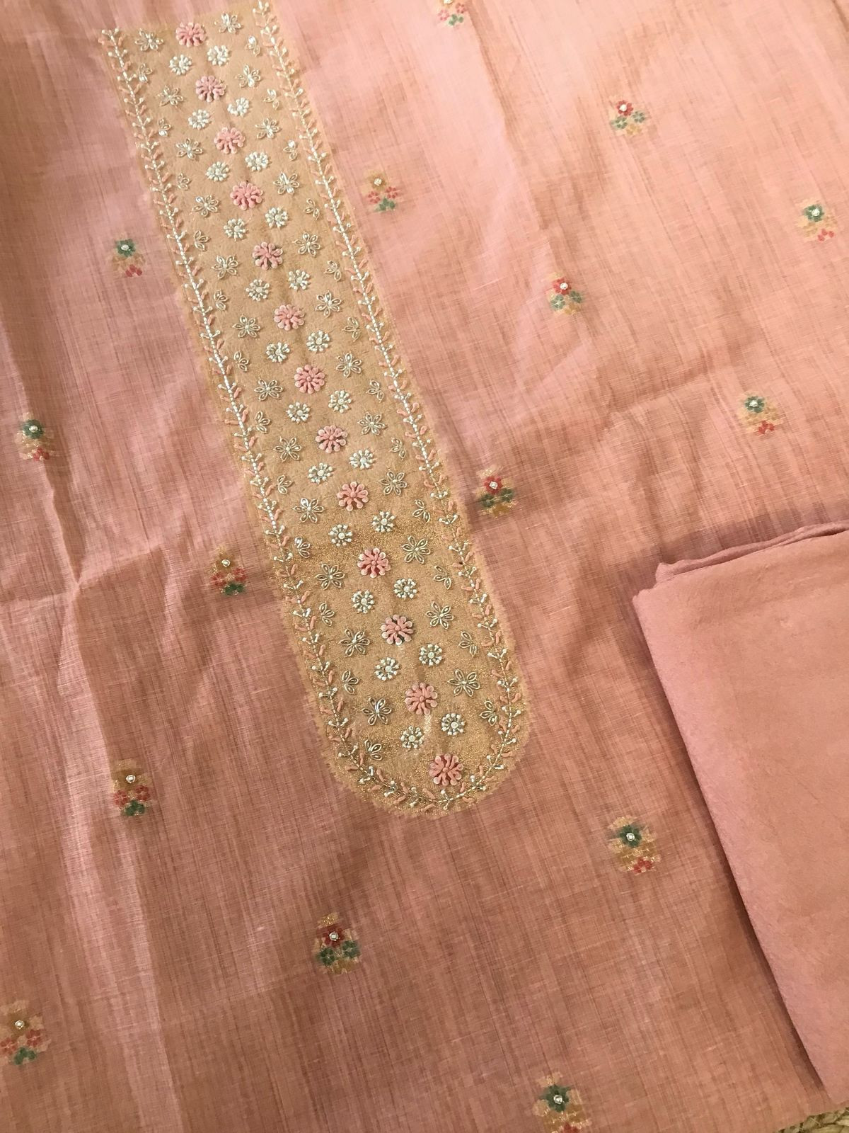 Soft Fine Slub Chanderi Jamdani Weaved Embroidered Suit - Peach
