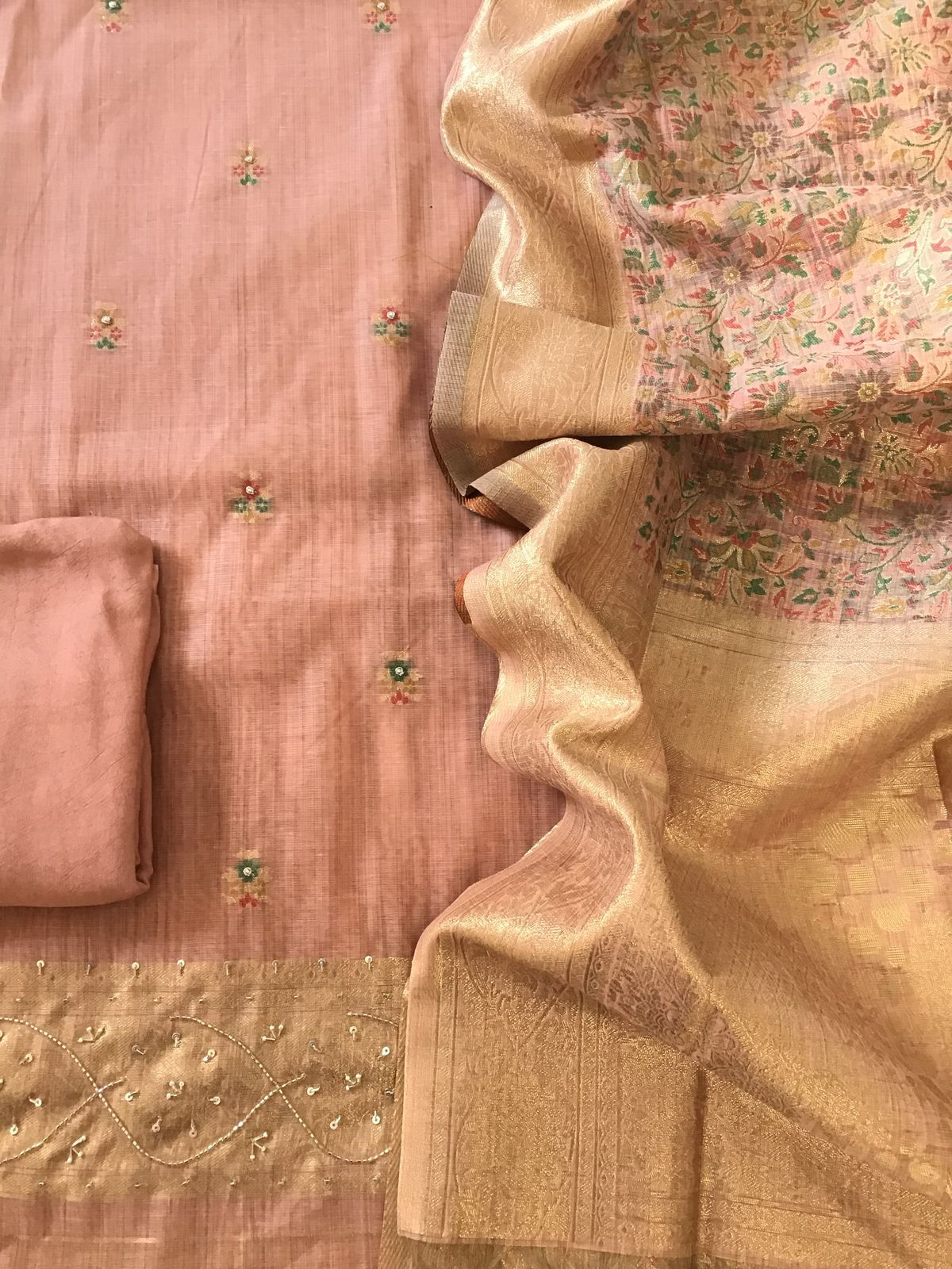 Soft Fine Slub Chanderi Jamdani Weaved Embroidered Suit - Peach